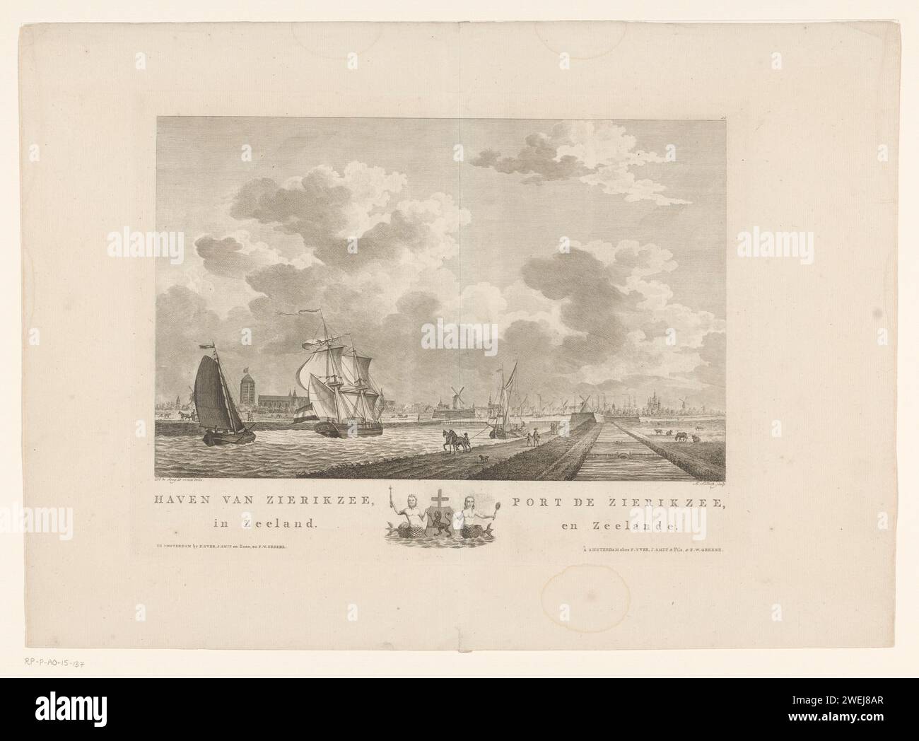 View of the port of Zierikzee, Mathias de Sallieth, after Dirk de Jong, 1779 - 1787 print View of the port of Zierikzee with different boats. Left in the background the Sint-Lievensmonsterkerk. In the margin the title in Dutch and French with the coat of arms of the city in the middle. Numbered at the top right: 20.  paper etching / engraving harbour. coat of arms (as symbol of the state, etc.) (+ city; municipal). sailing-ship, sailing-boat. church (exterior) Zierikzee. Sint-Lievensmonsterkerk Stock Photo