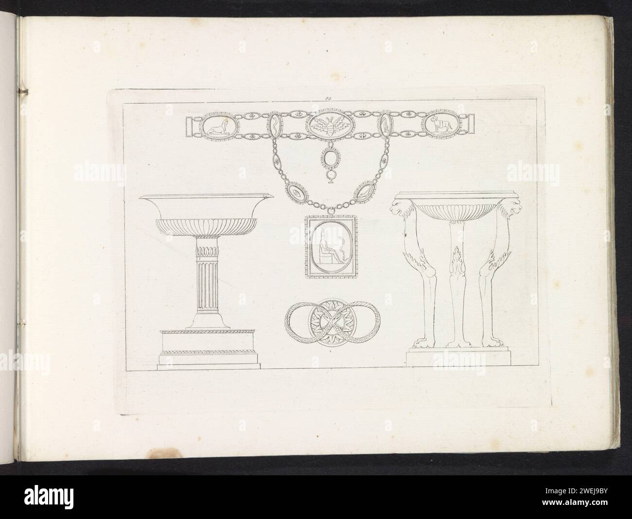 Necklace, Baptismal Font, Ouroboros and a Side Table, Pietro Ruga, After Lorenzo Roccheggiani, 1817 print Print is part of an album.  paper etching ornaments  art. table. baptismal font. necklace. serpent Ouroboros Stock Photo