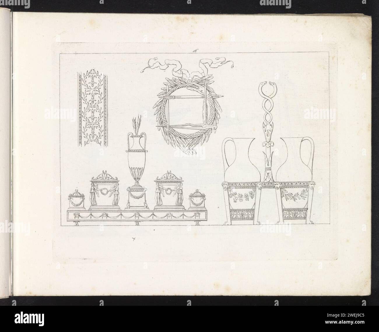 Ornamental edge, urns, vases and an Ouroboros, Pietro Ruga, After Lorenzo Roccheggiani, 1817 print Print is part of an album.  paper etching ornaments  art. serpent Ouroboros. urn. vase  ornament Stock Photo