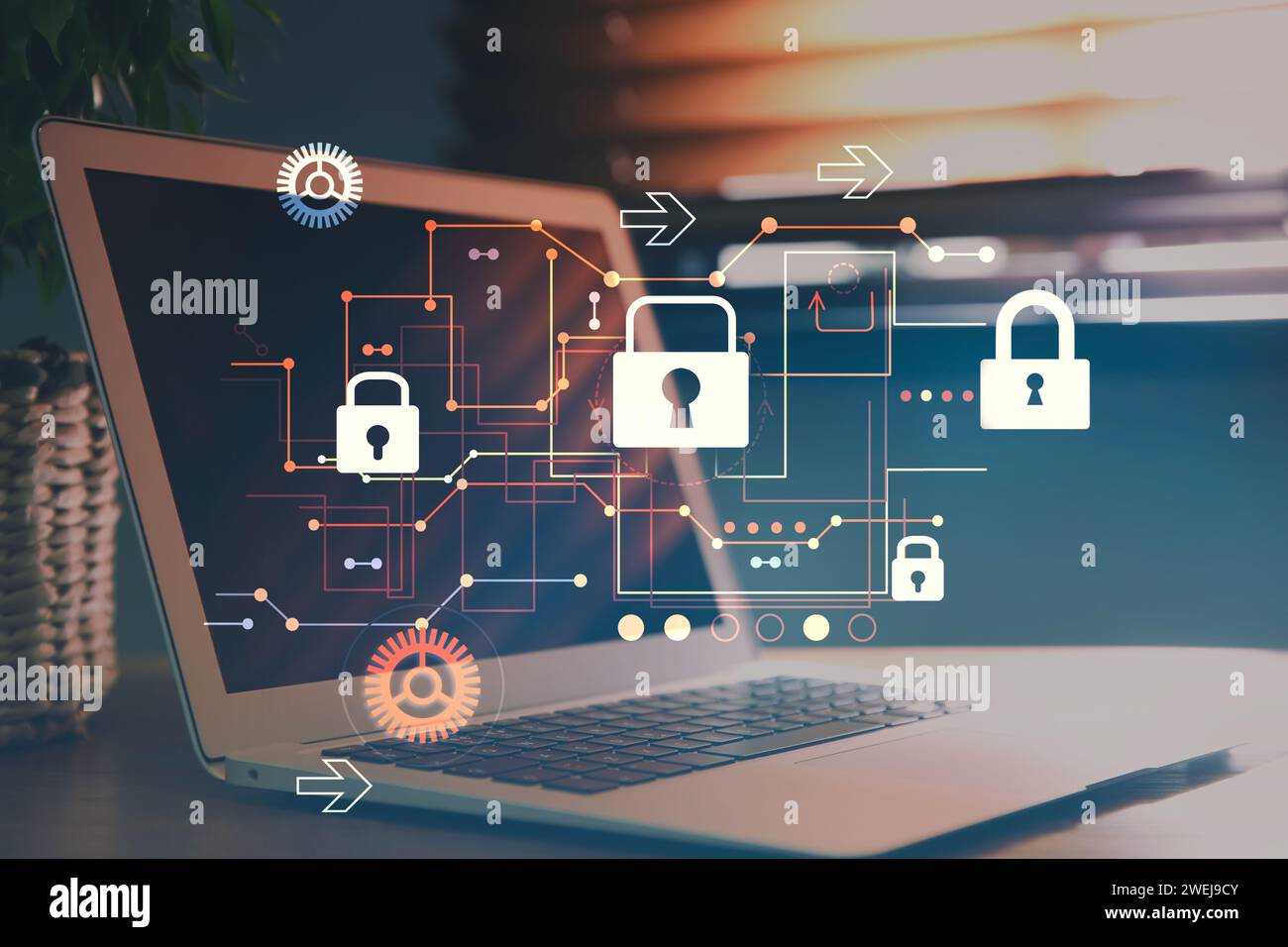 Privacy protection. Digital scheme with padlocks over laptop in office Stock Photo
