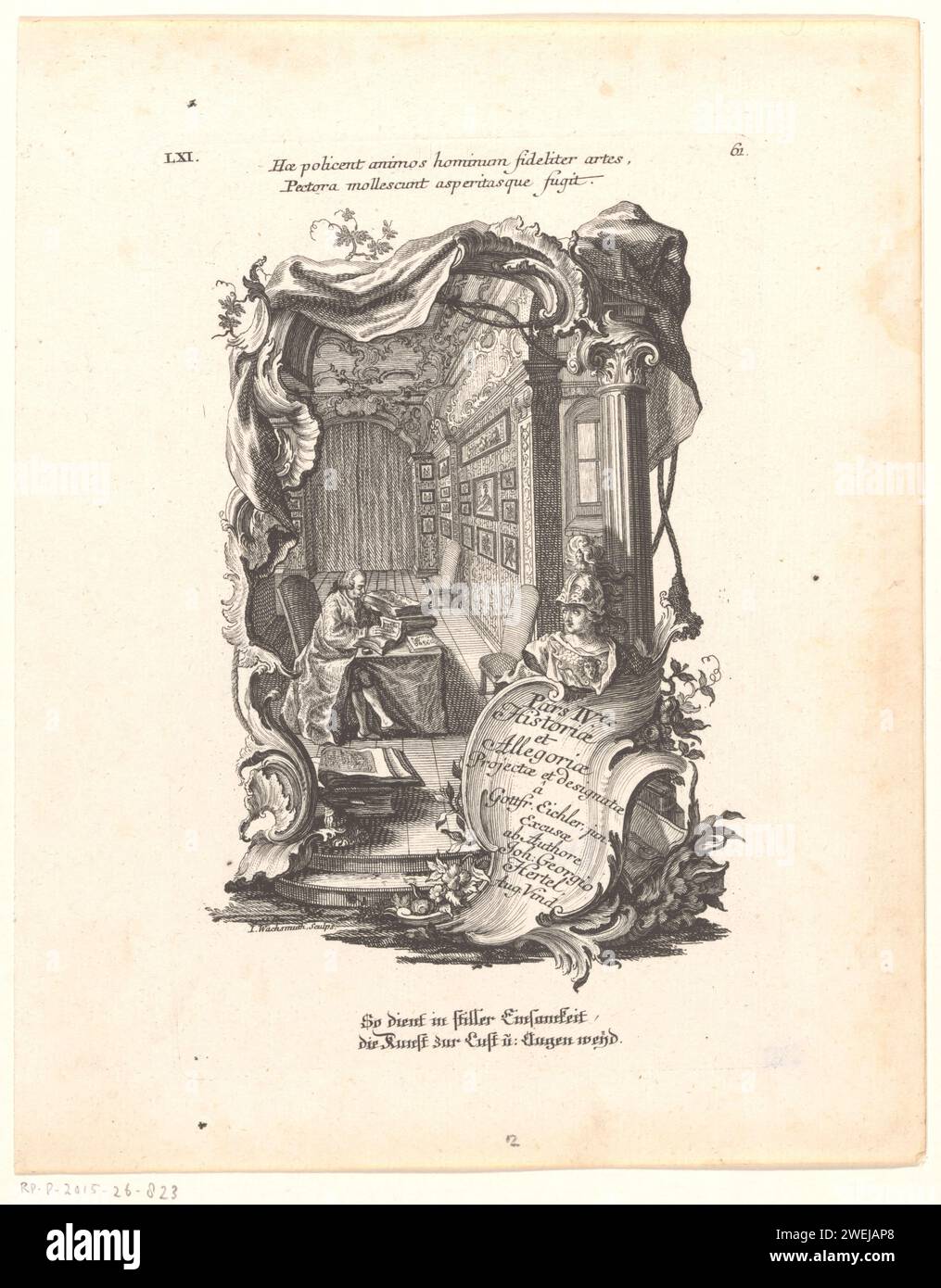 Rocaille frame with a reading man in an interior, c. 1758 - c. 1760 print The reading man is behind a reading table in a room with framed works on the wall. On the cartouche in the foreground a bust of Minerva. Above a two -line text in Latin and under a two -line text in German. Numbered at the top right: 61; At the top right: Lxi.  paper etching Rocaille Ornament. Wisdom; 'Sapienza', 'Humana Sapienza', 'True Sapienza' (Ripa). NewsPaper, News-Sheet Stock Photo