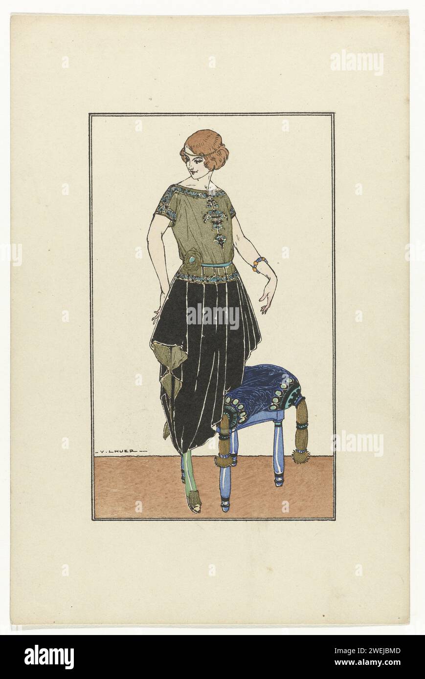Its exclusive models, René Sacerdote, CA. 1921, No. 141: After-Mid dress (...), c. 1921  Afternoon gown of black velvet with a body of gold lamé, embroidered with black and turquoise blue git. Flowers of black velvet.  paper engraving / letterpress printing fashion plates. dress, gown (+ women's clothes). bracelet, wristlet (+ women's clothes). diadem, tiara (+ women's clothes) Stock Photo