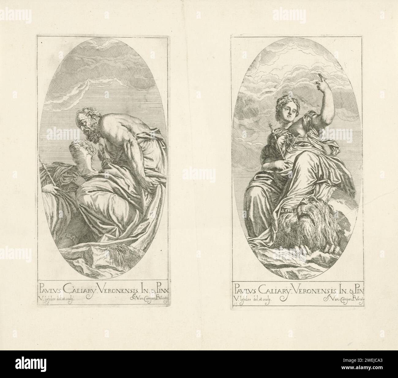 Youth and old age / Venice sitting on a Globe, Valentin Lefèbvre, After Paolo Veronese, After Giambattista Zelotti, 1682 print Two performances on a leaf, printed from two plates. Left: the Personified Youth (with scepter) and old age (with keys). Right: the personification of the city of Venice sitting with a scepter in her hand on a globe, her foot is on the back of a lion lying in front of her. The prints are part of a 53-part series according to paintings by Titian and Veronese.  paper etching Youth, Adolescence, 'Iuventus'; 'Adolescenza', 'GioventÃ¹' (Ripa). Old Age, 'Senectus'; 'Vecchiez Stock Photo