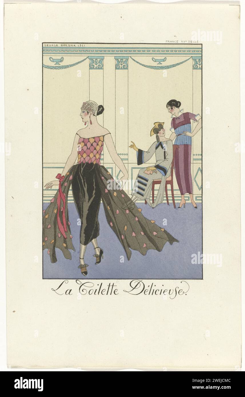 Falbalas and fanfreluches: Almanac of present modes, past & future for 1922: the delicious toilet / France 20th century, George Barbier, 1922 magazine Three fashionably dressed women in an interior with classic columns. Print from the Falbalas & Fanfreluches series (1922-1926).  paper  fashion plates. dress, gown (+ women's clothes). head-gear: hat (+ women's clothes). shoes, sandals (+ women's clothes) Stock Photo