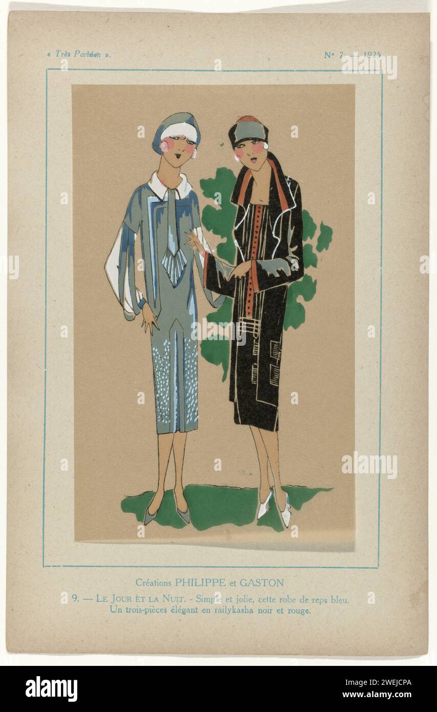 Very Parisian, 1925, No. 7, pl. 9: Creations Philippe and Gaston - Day and night, 1925  Two designs from the fashion house Philippe et Gaston: dress of blue rib velvet. Trois pièces of red and black Railykasha. Print from the fashion magazine Très Parisien ... La Mode, Le Chic, L'élégance (1920-1936)  paper letterpress printing fashion plates. dress, gown: day dress (+ women's clothes). ensembles of pieces of clothing (THREE PIECE SUIT) (+ women's clothes) Stock Photo