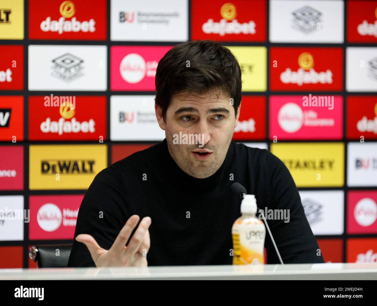 Vitality Stadium, Boscombe, Dorset, UK. 25th Jan, 2024. FA Cup Fourth Round Football, AFC Bournemouth versus Swansea; Andoni Iraola Head Coach of Bournemouth at the post match conference Credit: Action Plus Sports/Alamy Live News Stock Photo