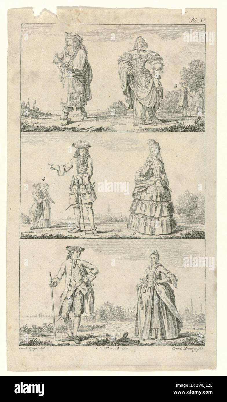 Eight figures with Dutch clothing from the 17th and 18th centuries, 1769 - 1778  Eight figures with Dutch clothing from the 17th and 18th centuries, divided into three frameworks. The print is part of the book: Natural History of Holland, published in seven parts by Johannes le Francq van Berkhey (1729-1812) between 1769 and 1778. The first two figures are derived from the Figures à la Moden de series Hooghe.  paper engraving fashion plates. dress, gown (+ women's clothes). head-gear (+ women's clothes). fan (+ women's clothes). walking-stick, staff, cane (+ men's clothes). skirt (+ women's cl Stock Photo