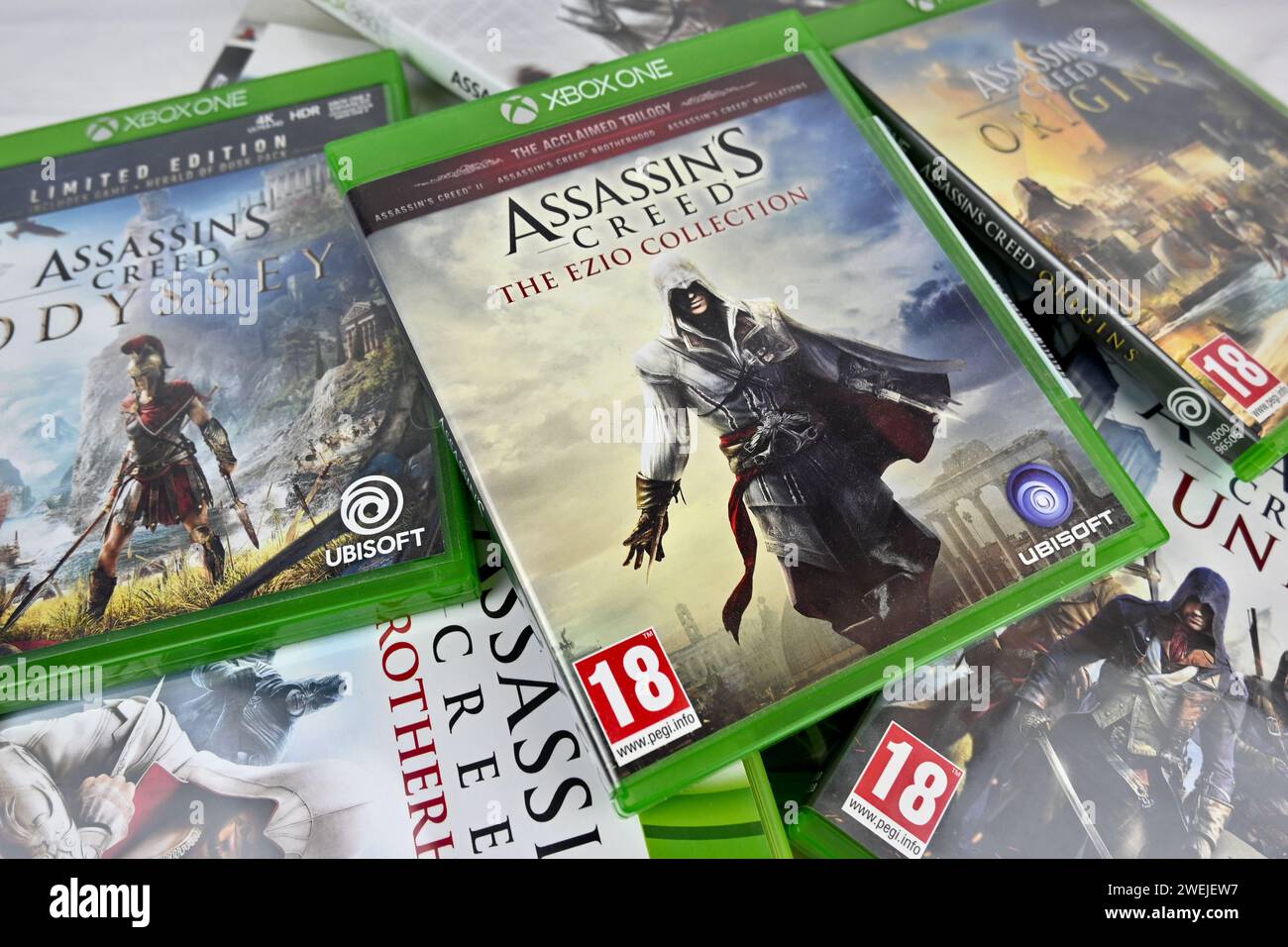 Assassin’s Creed video game collection collage  – Wales, UK  –  25 January 2024 Stock Photo