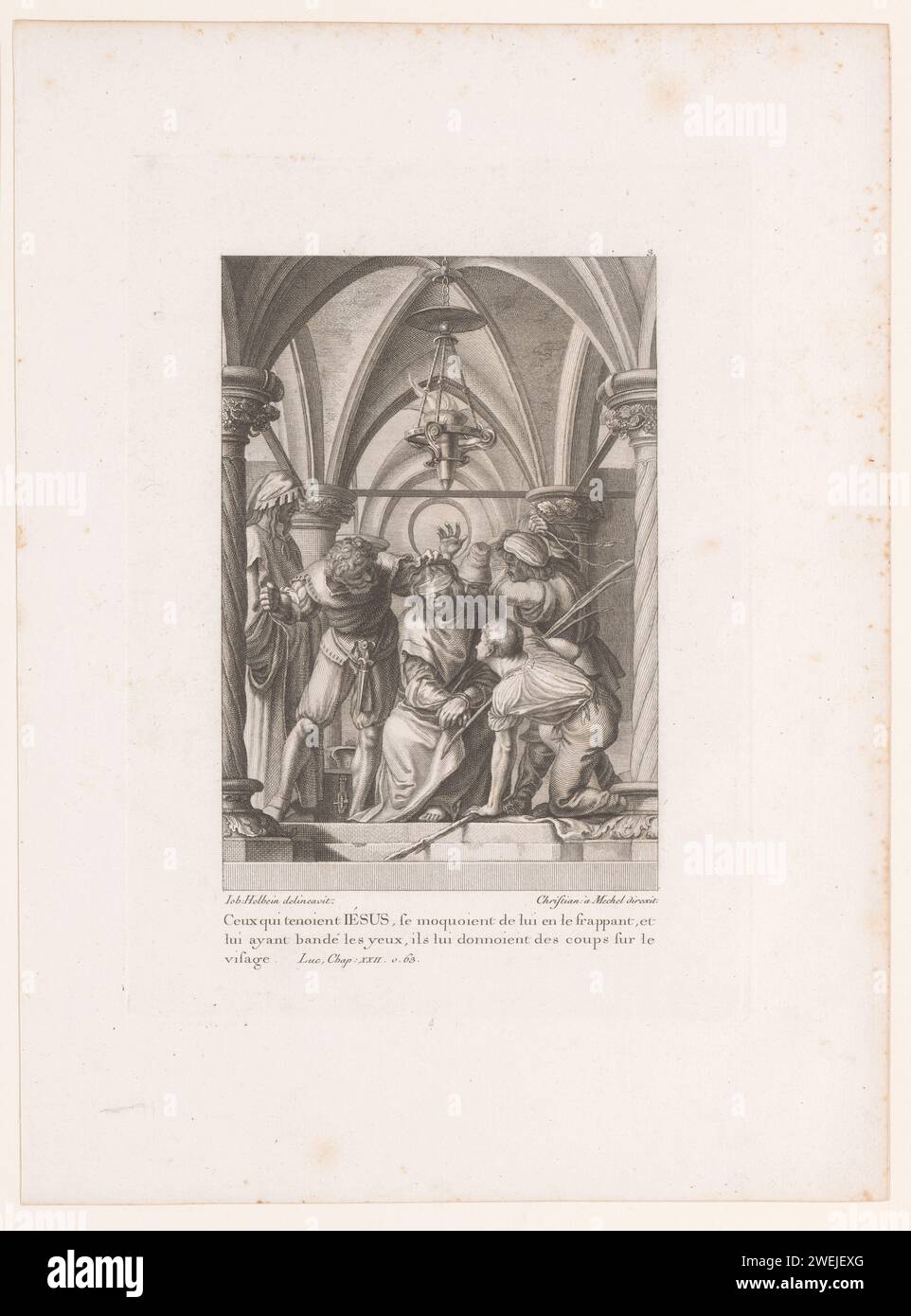 Mocking of Christ, 1784 print Christ is blindfolded in a temple room ...