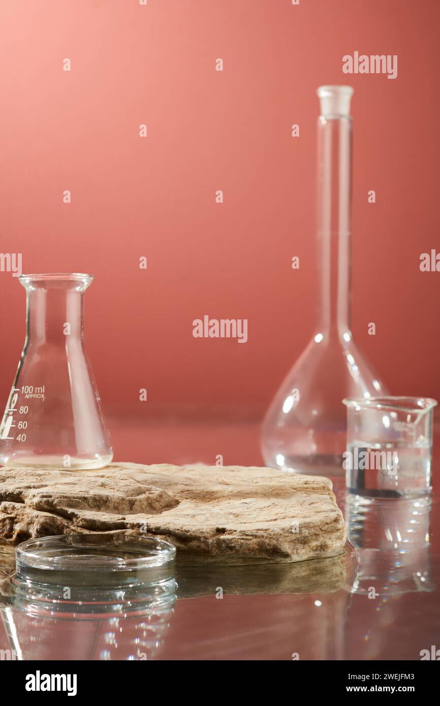 Lab Podium Front view of laboratory equipments placed on surface water and stone ...