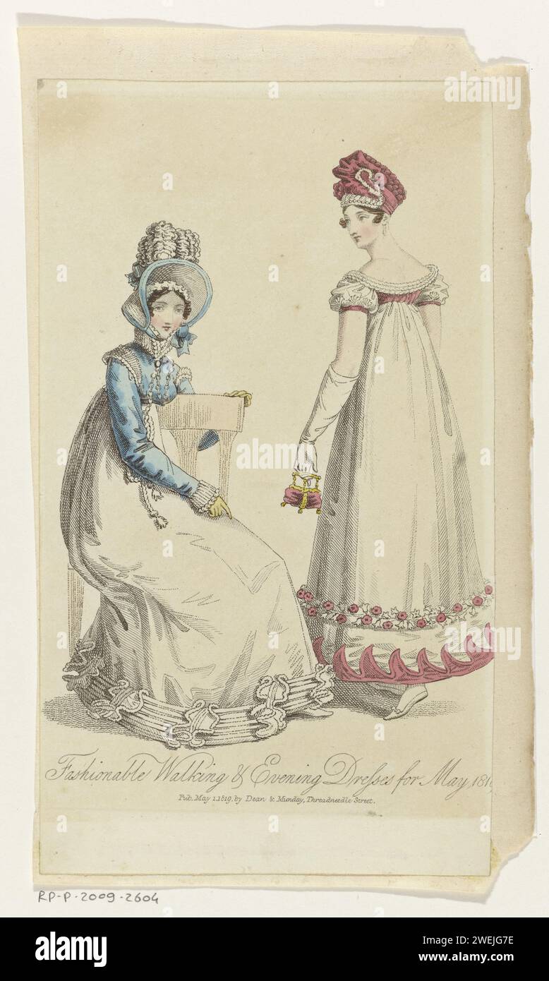 Fashionable Walking & Evening Dresses for May 1819 (titel op object)  Fashionable walking gown and evening dress for the spring of 1819. Links:  walking gown with spencer. Accessories: poke bonnet with feathers, gloves.  Right: evening gown with short ...