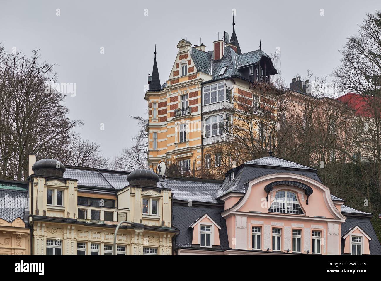 Karlovy Vary Karlsbad old historic spa town with hot springs in Bohemia Czech Republic on 14 January 2024 Stock Photo