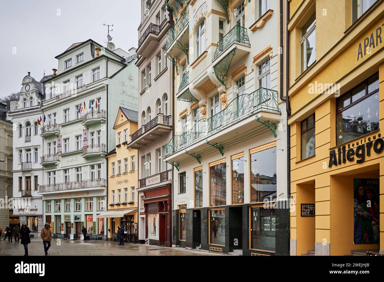 Karlovy Vary Karlsbad old historic spa town with hot springs in Bohemia Czech Republic on 14 January 2024 Stock Photo