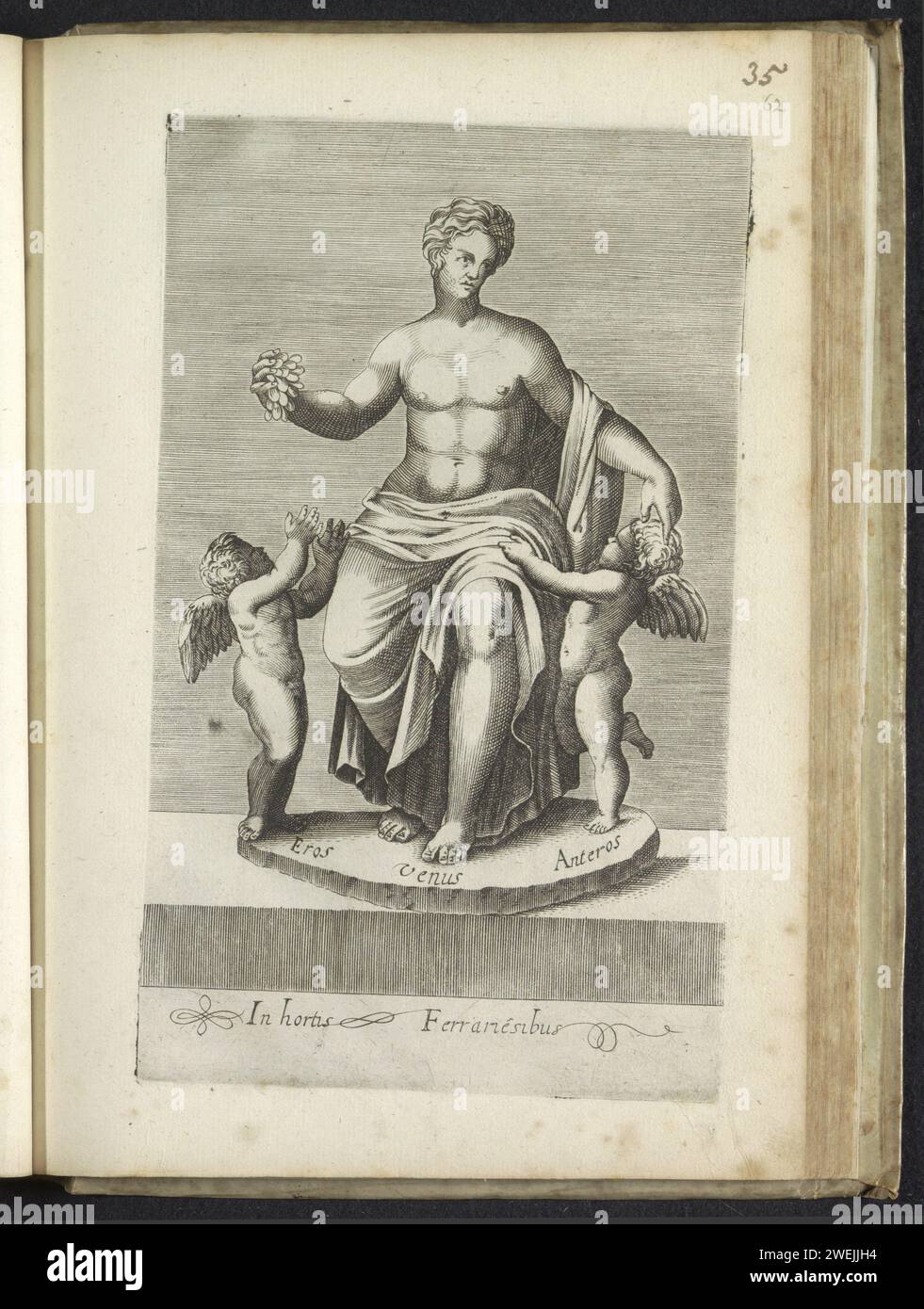 Sculpture group with Venus between Eros and Anteros, Anonymous, 1584 print Caption in Latin. Print is part of an album.  paper engraving piece of sculpture, reproduction of a piece of sculpture. Eros and Anteros. (story of) Venus (Aphrodite) Stock Photo