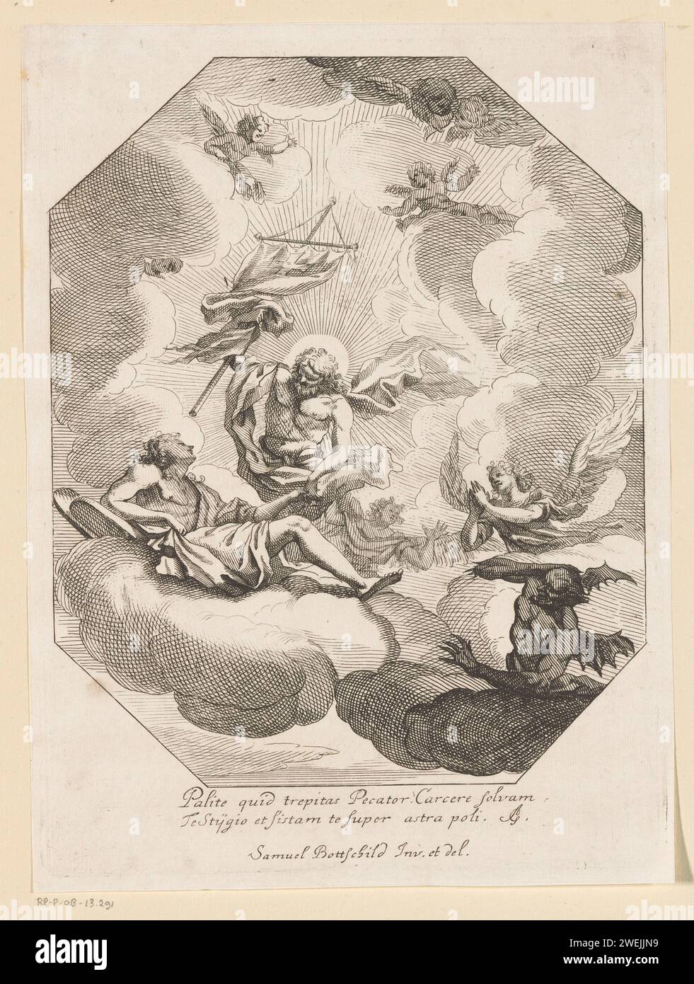 Christ as Savior, Samuel Bottschild, 1693 print   paper etching Christ. resurrection of the dead  Last Judgement. devil(s) and demons. angels. sitting or standing on clouds Stock Photo