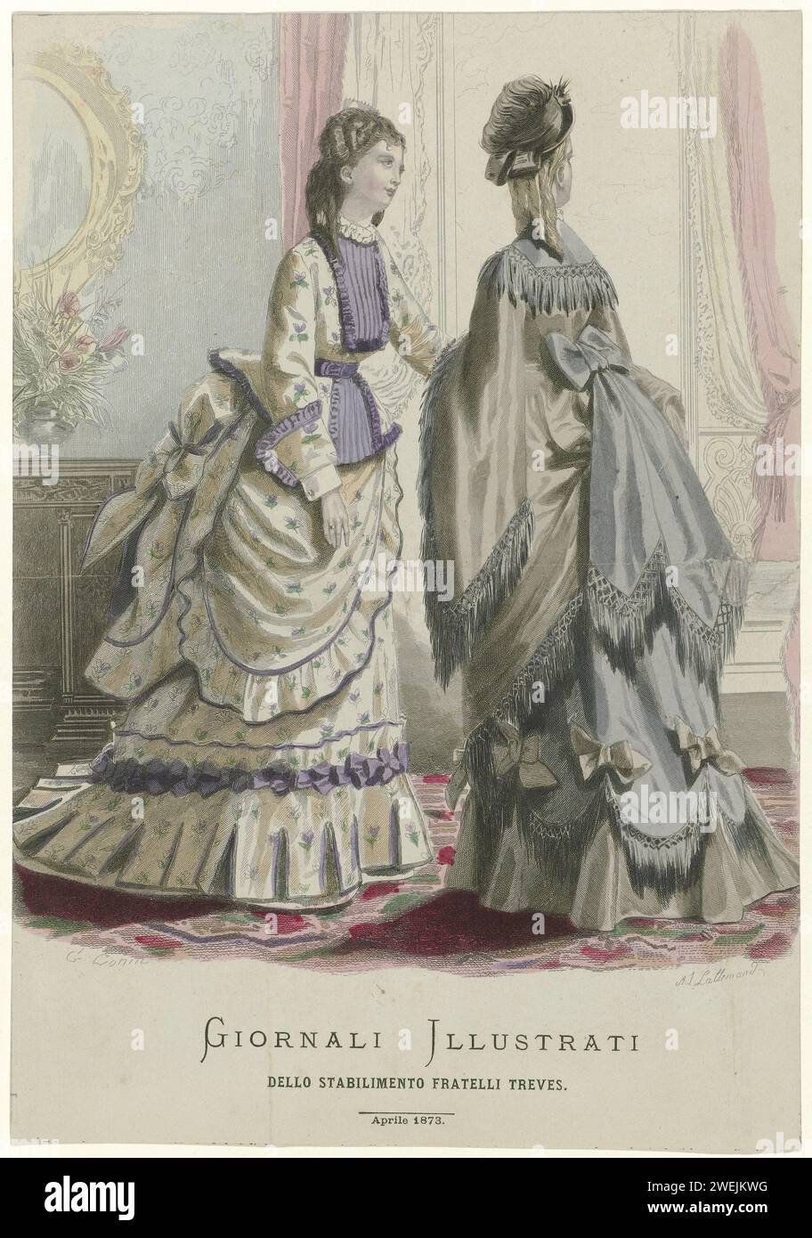 Illustrated newspapers, of the Fratelli Treves plant, April 1873, 1873  Print from the fashion magazine Giornali Illustrati (1864-?).  paper engraving fashion plates. dress, gown (+ women's clothes). head-gear (+ women's clothes). skirt (+ women's clothes) Stock Photo