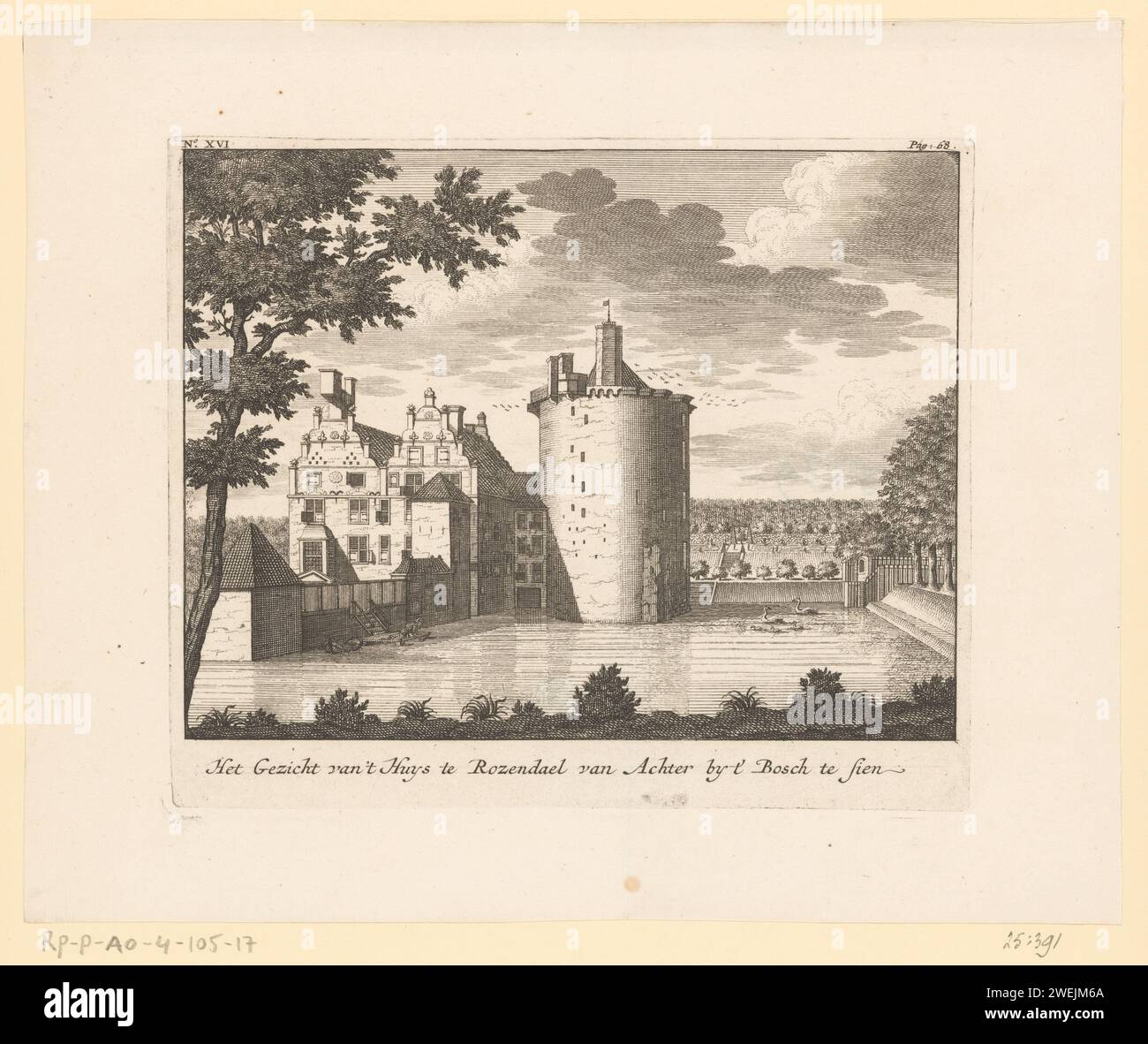 View of Rosendael Castle from the forest, Jan Smit (I), 1718 print View of Rosendael Castle from the forest. Uppertely numbered: XVI. At the top right marked: page: 68.  paper etching / engraving castle. pond Rosendael Castle. Rudder Stock Photo