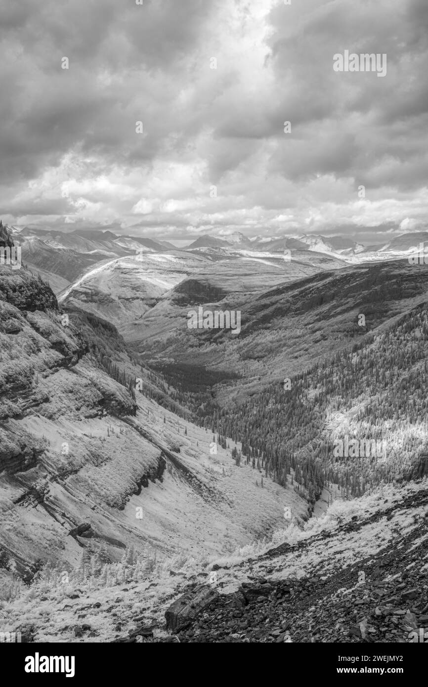 Monochromatic image of Glacier National Park in Infra Red with a fully converted camera showing a unique perspective of this incredible Park in Montan Stock Photo