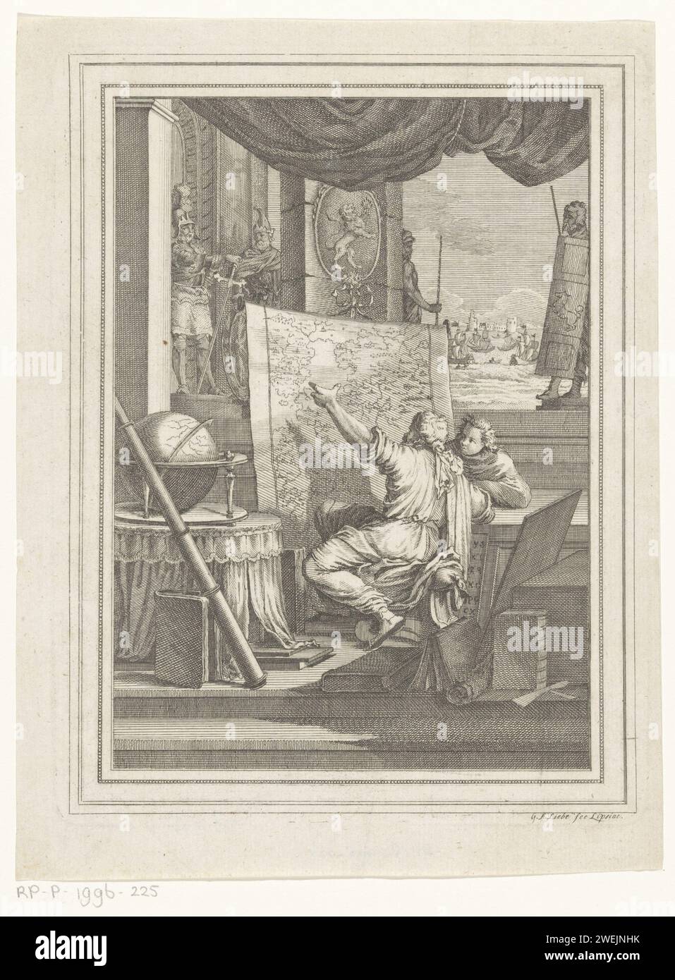 Two men view a world map, Gottlob August Liebe, 1756 - 1819 print Two men are in an interior in which a globe and stargazer and various thick books. For them there is a world map that they view. A port can be seen through an open window.  paper engraving maps, atlases. globe. telescope Stock Photo
