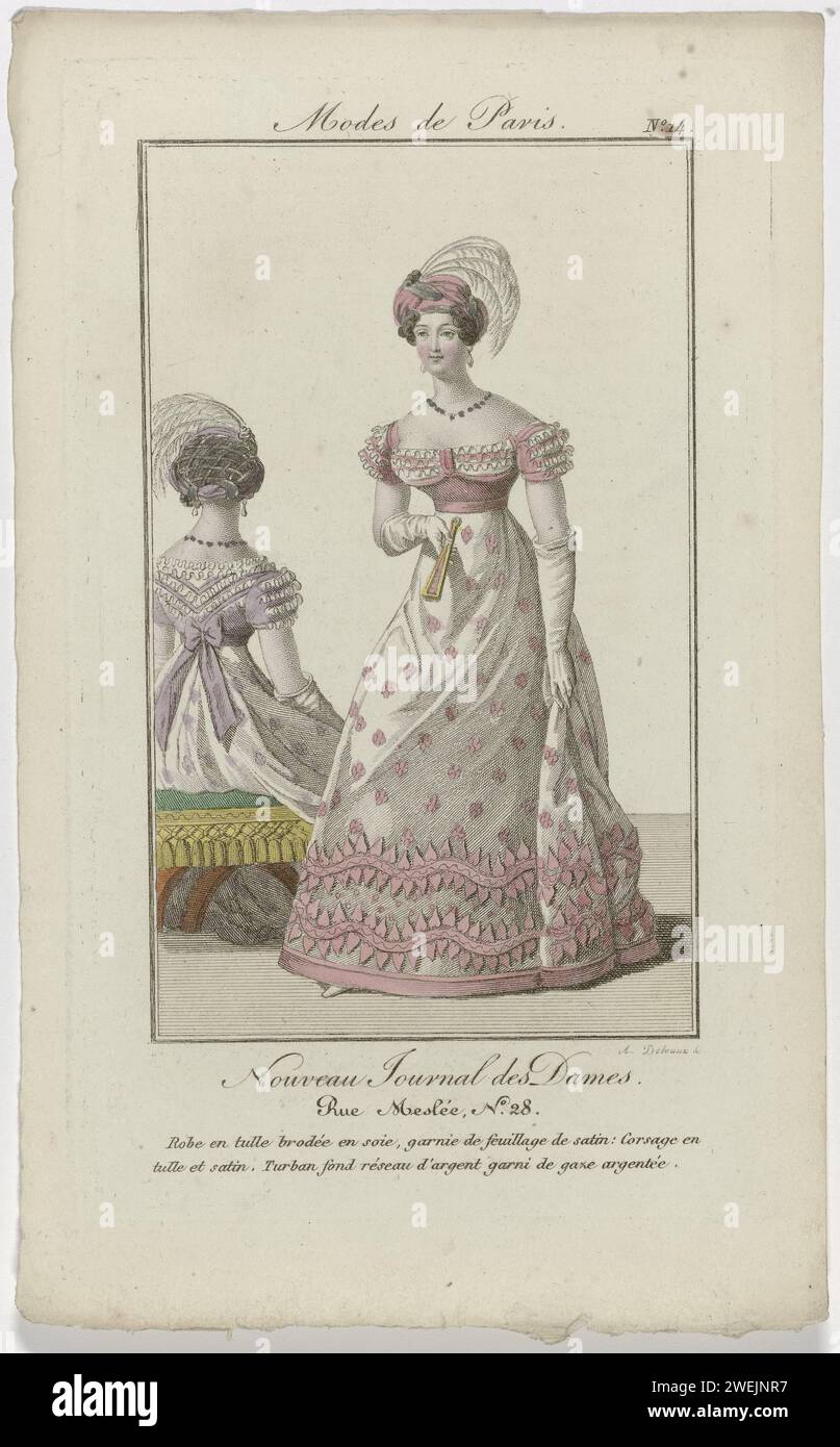 New Dame Journal, 1821, pl. 14: Tulle dress embroidered in itself (...), 1821  Standing woman dressed in a tulle dress embroidered with silk, trimmed with foliage of satin. The body is made of tulle and satin. On the head a turban, a silver -colored (hair) neat, decorated with 'gaze argentée' (lamé?). Further accessories: earrings, necklaces, long gloves, fan. Next to her is a woman on a tabouret, seen on her back, dressed in the same dress. Print from the Nouveau Journal des Ladies fashion magazine, Paris, from 5 July 1821 to the end of December 1821. From January 1822 to 1868, the fashion ma Stock Photo