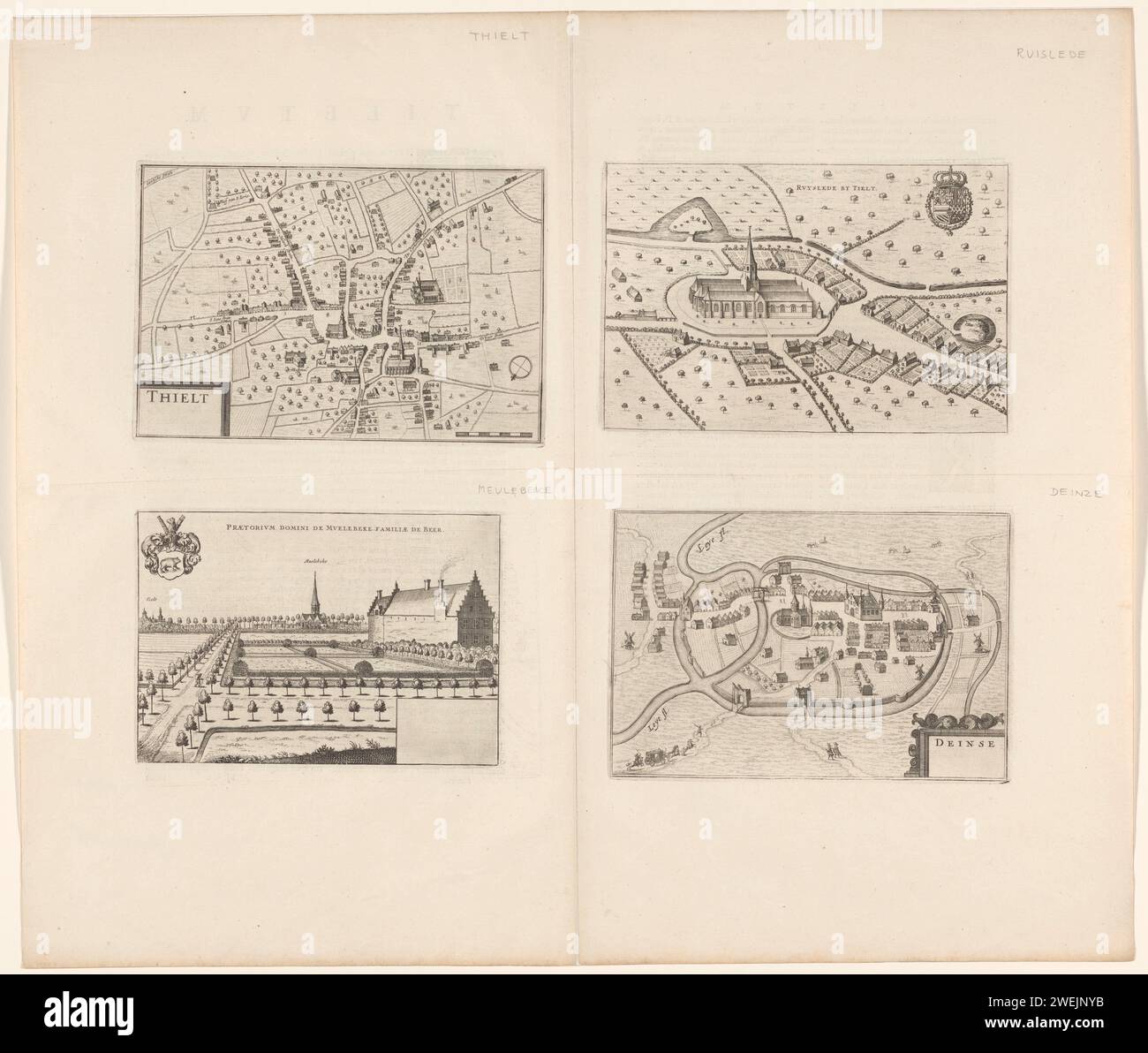 View of Ruiselede, Deinze and Meulebeke and a map of Tielt, Anonymous, 1652 print At the top left a map of Tielt with buildings in a nutshell perspective. Bottom left the title cartouche and bottom right a bowl without a scale. At the top right a face on Ruiselede in a nutshell perspective. At the top right the weapon of the king of Spain. At the bottom right a face on Deinze in a nutshell perspective. At the bottom right the title cartouche. Bottom left a face on the castle of Ter Borcht with Meulebeke behind it. At the top left the weapon of Meulebeke, also the coat of arms of the De Beer fa Stock Photo