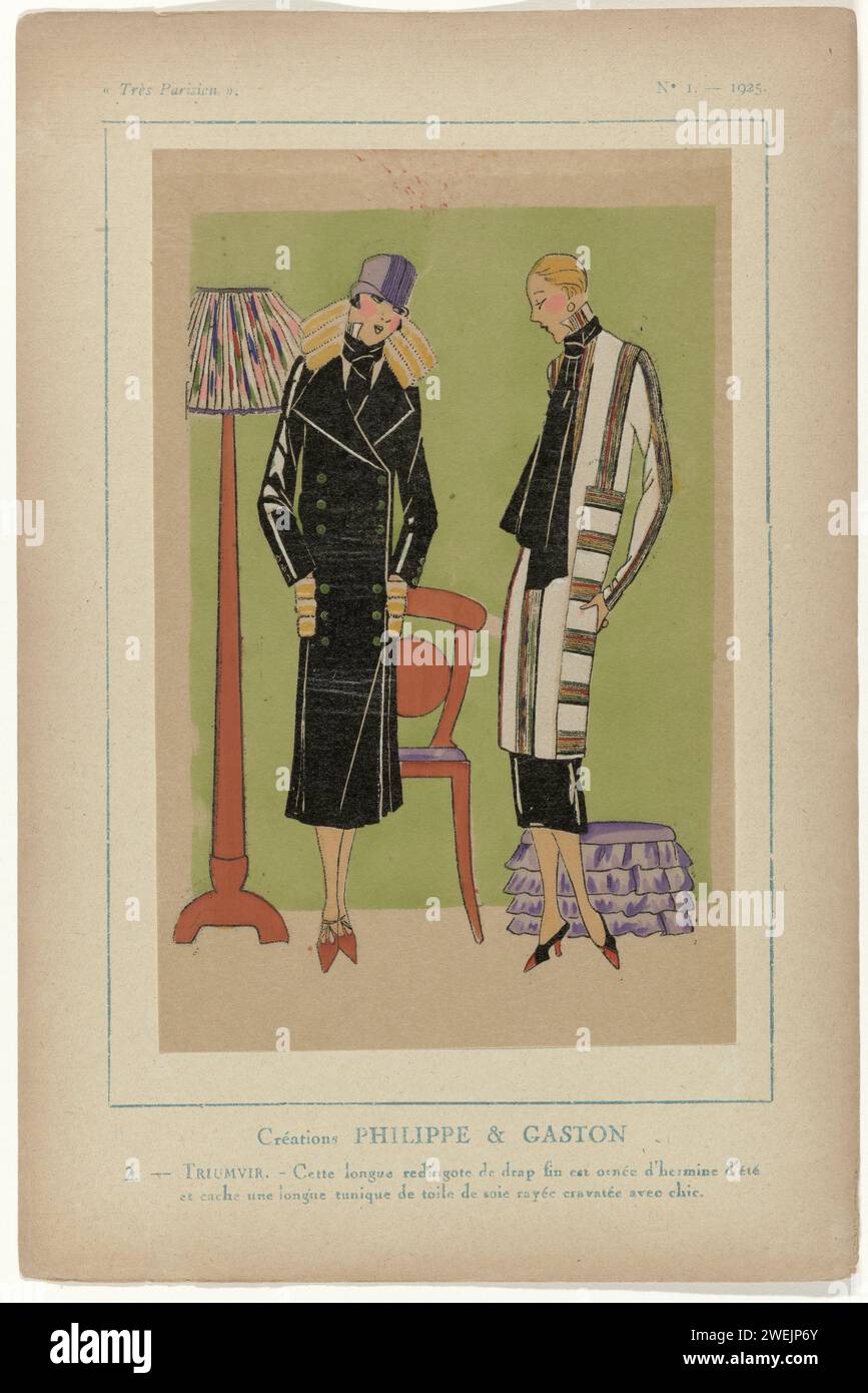 Very Parisian, 1925, No. 1, pl. 2.-: Creations Philippe & Gaston - Triumvir., 1925  Two models from Philippe and Gaston, on the left a long redingote and a long tunic tunic on the right, with cravat. Print from the fashion magazine Très Parisien ... La Mode, Le Chic, L'élégance (1920-1936)  paper letterpress printing fashion plates. coat (+ women's clothes). dress, gown (TUNIQUE) (+ women's clothes). Stock Photo