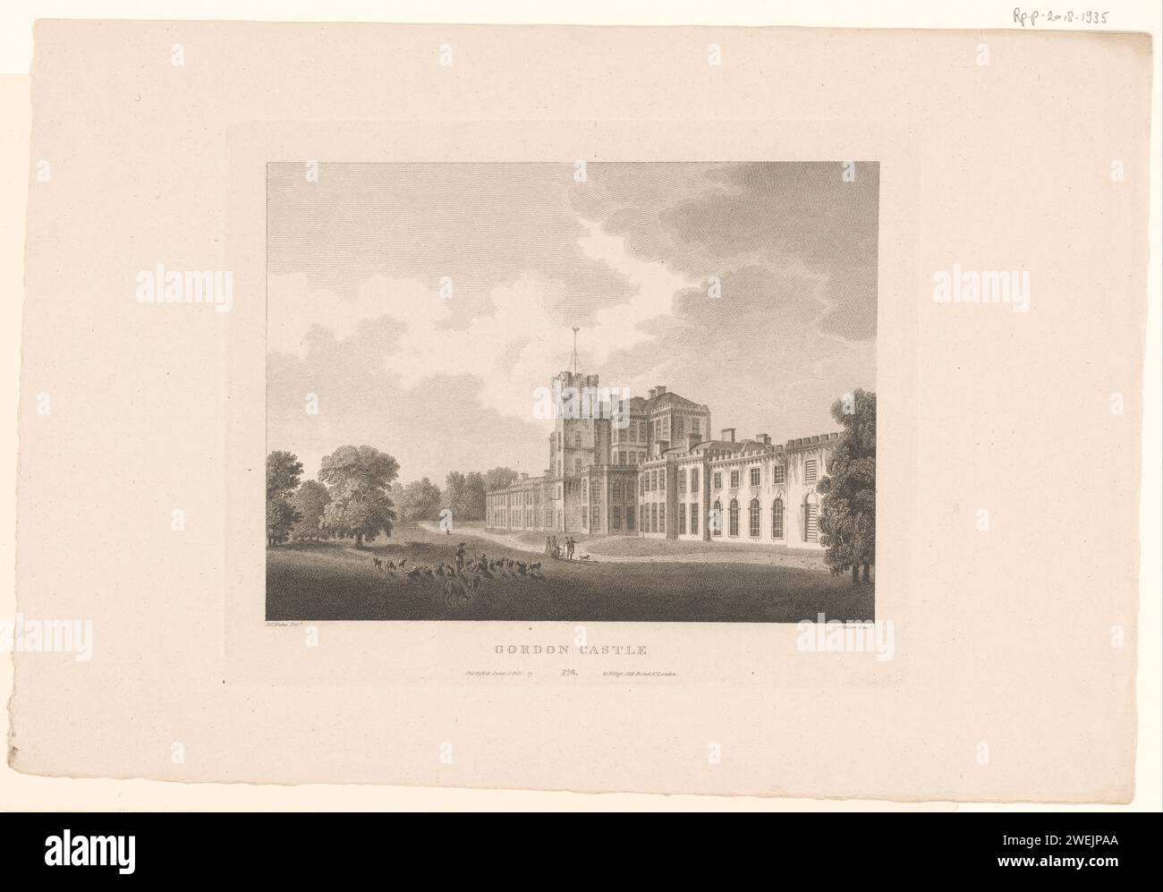 View of Gordon Castle, James Fittler, After John Claude Natttes, 1801 print Noticed: pl. 6.  paper etching / engraving castle Moray Stock Photo