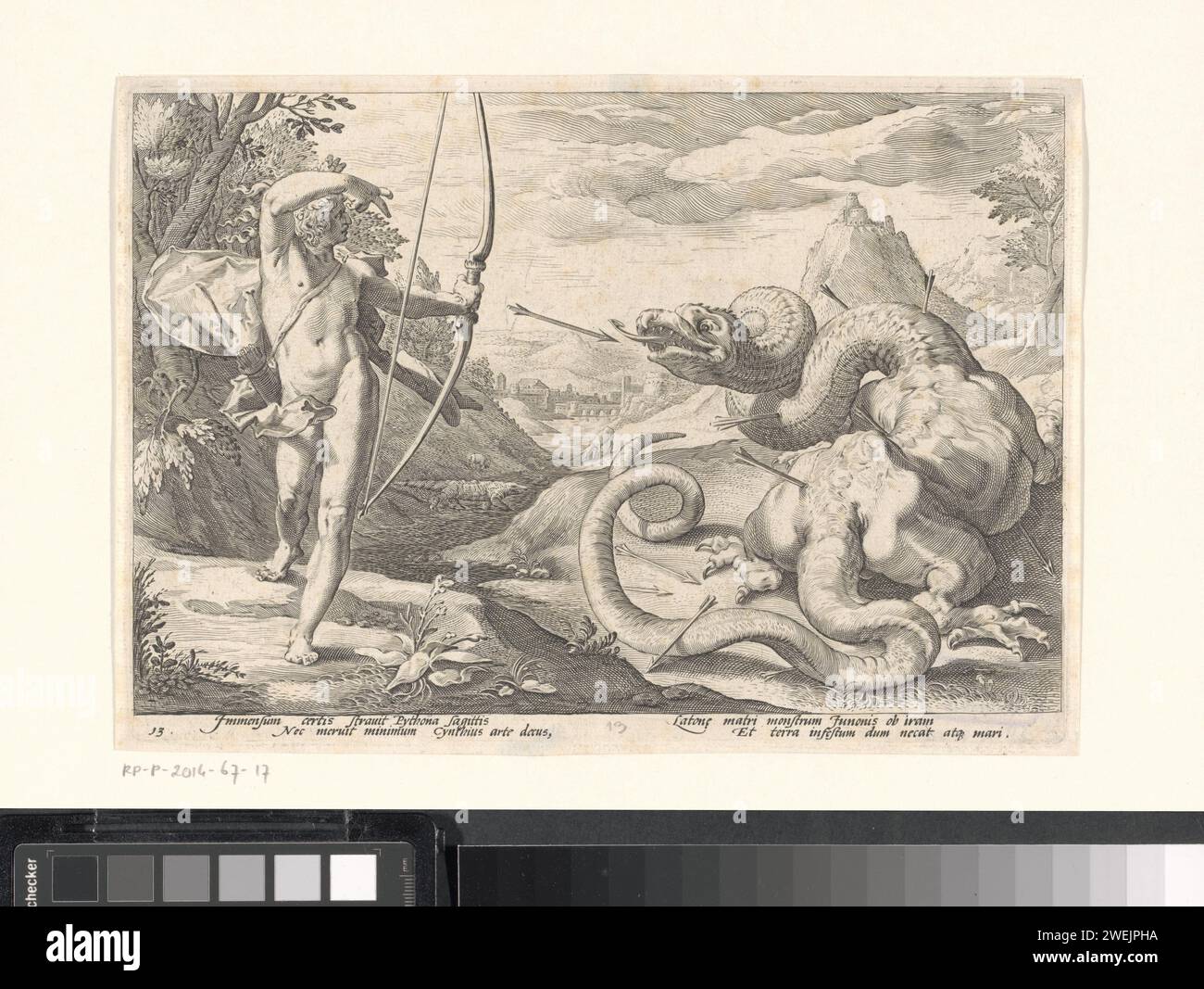 Apollo kills Python, 1589 print Apollo kills the snake Python with many arrows (depicted here as a dragon). In the lower margin a four -line explanation, in two columns, in Latin.  paper engraving stones turning into men: stones thrown by Deucalion and Pyrrha, as directed by the oracle of Themis, turn into men (Ovid, Metamorphoses X 400) Stock Photo