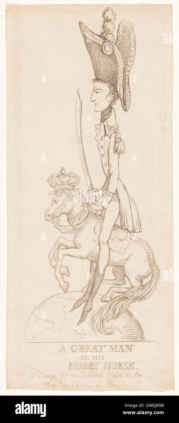 Equestrian statue for Napoleon, 1804, 1804  Cartoon with a design for a equestrian statue for Napoleon in Paris, probably following his coronation as Emperor on December 2, 1804. Long -stretched figure of Napoleon was sitting on a horse on the globe.  paper etching equestrian statue. equestrian state-portrait. political caricatures and satires Paris Stock Photo