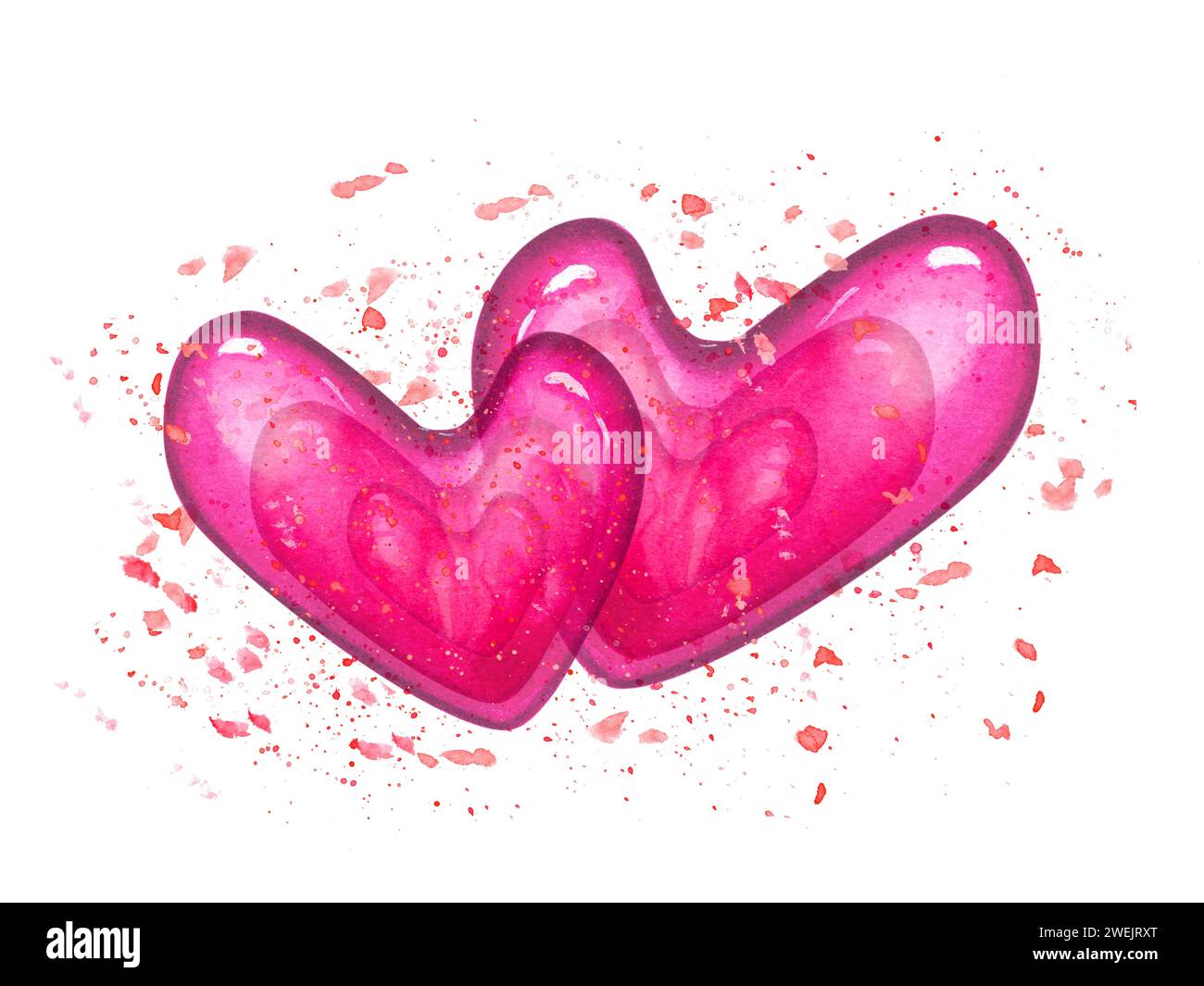 Two watercolor romantic bright heart on background of pink paint ...