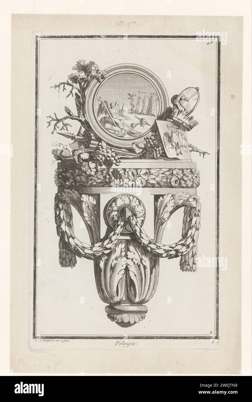 Polishing Poins Jean Charles debhopher, 1768 - 1771 print An ornamented console with leaf motifs, above it grapes, branches, a weapon with a crowned eagle, a crown, a snake and a round medallion with three beehives and an angel sitting on lances and shields with a cross. Print number 48.  paper etching / engraving other architectural details (CONSOLE). Poland Stock Photo