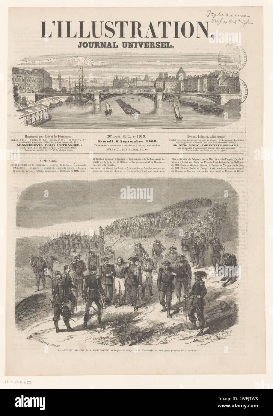 Garibaldi in De Aspromonte, 1862, Best Cosson Smoeton, 1862 print General Garibaldi supported by two of his soldiers, in the Aspromont Bergen in Calabria, 1862. Front page of: L'Illustration, Journal Universel, 6 September 1862.  paper  troop movements, transportation Calabria Stock Photo