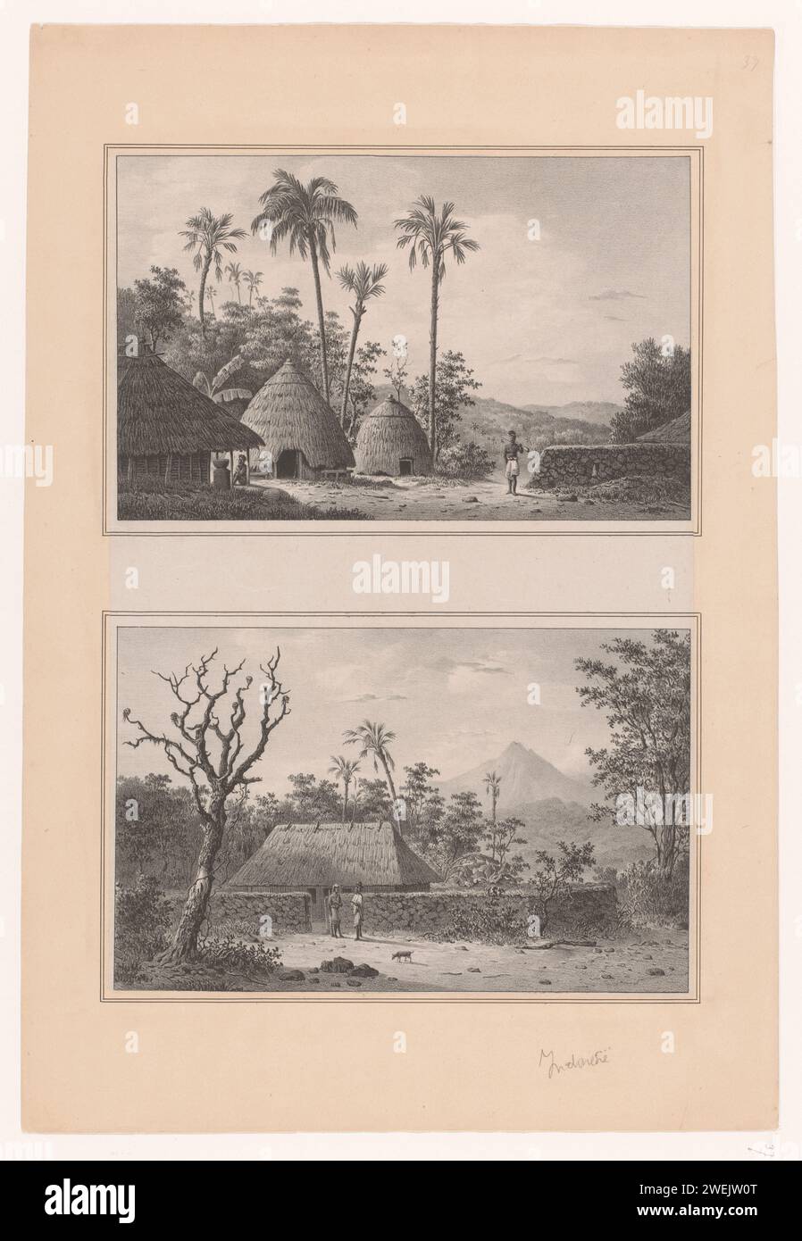Two images of homes in Indonesia, Anonymous, 1830 - 1880 print Two images on a leaf. On the top image is a man with a weapon over his shoulder, to his left three dome -shaped structures. On the bottom image there are two figures at a low wall around a rectangular building.  paper.  hut, cabin, lodge Indonesia Stock Photo