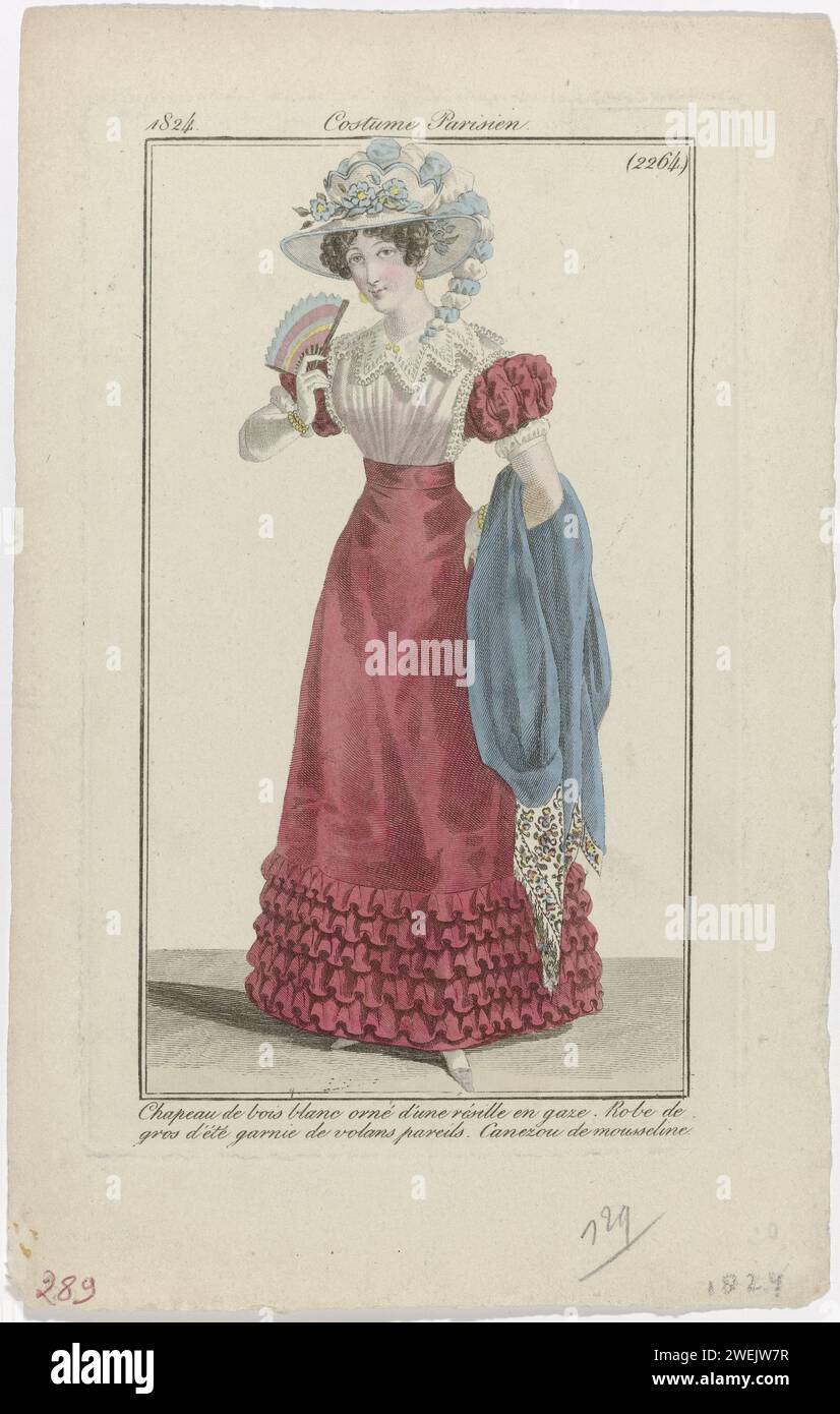 Journal of the ladies and fashions, Parisian costume, September 15, 1824, (2264): White wood hat (...), 1824  Woman in a dress of 'Gros d'été' garnished with pleated strips of the same fabric. 'Canezou' from Mousseline. On the head a hat of 'Bois Blanc' decorated with a 'résille' from Tulle. Further accessories: earrings, fan, gloves, bracelets around both wrists, scarf, shoes with square noses. The print is part of the fashion magazine Journal des Dames et des Modes, published by Pierre de la Mésangère, Paris, 1797-1839.  paper engraving fashion plates. dress, gown (+ women's clothes). head-g Stock Photo