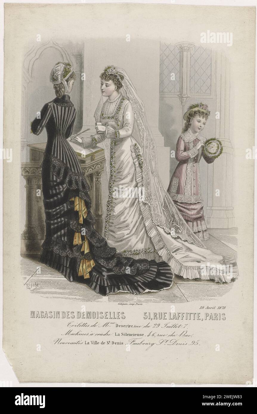 Demoiselle store, April 10, 1878: Mme Desertr toilets (...), 1878  Two women, one of whom saw, and a girl in a church. The bride wears a wedding gown with a pleated skirt and long drag and a veil. The other woman wears a dress with stripes, ruffles with a tow. The girl wears a pink dress with a tight cloak with lace and buttons. According to the caption, the dresses of Desertre are. Below a rule of advertising text for different products. Print from the fashion magazine Magasin des Demoiselles (1844-1896).  paper engraving fashion plates. dress, gown (+ women's clothes). head-gear: hat (+ wome Stock Photo
