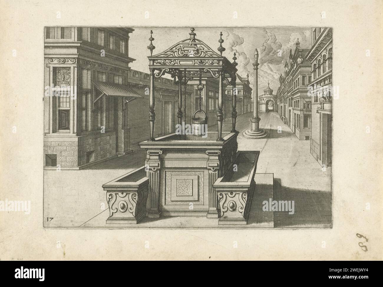 Water well with two lower elongated water basins, Johannes or Lucas van Doechum, after Hans Vredeman de Vries, c. 1574 print On a city square with column, a rectangular water well with iron canopy is supported by four balusters. The bucket hangs on the hook. Left and right a rectangular layer of water basin. No.17 from series of 24 small wells  paper etching well Stock Photo