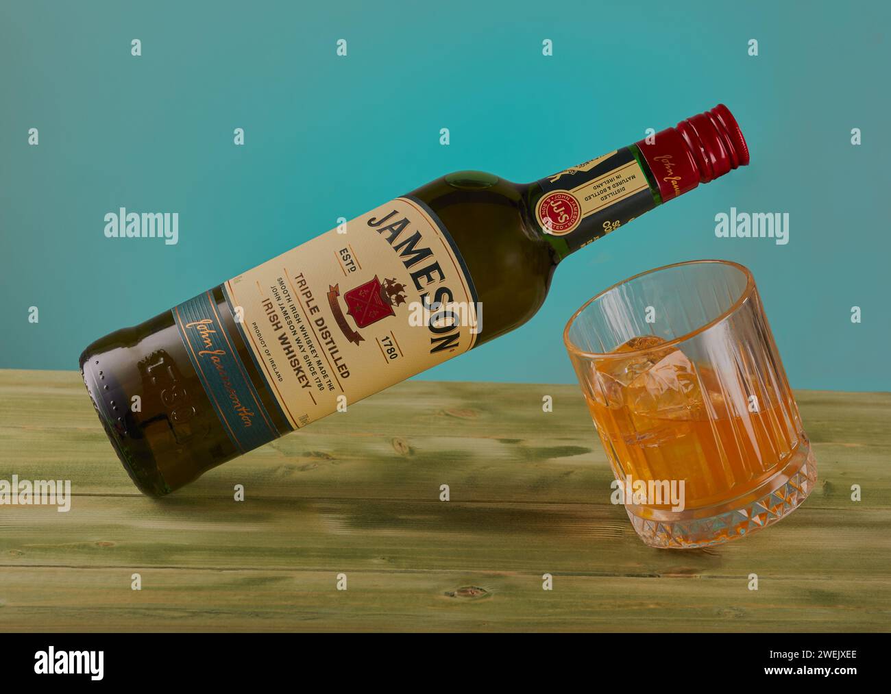 Mansfield,Nottingham,United Kingdom,20th January 2024:Studio product image of a bottle and glass of Jameson Whisky. Stock Photo