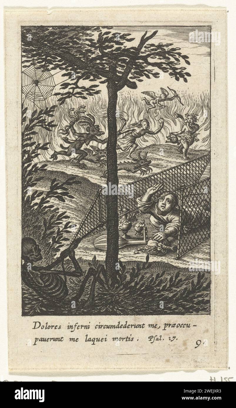Child with money and musical instrument trapped in the fall of death, Boëtius Adamsz. Bolswert, 1624 print   paper engraving Death as skeleton. devil(s) and demons. finch trap, finchery. Abstract Ideas and Concepts (+ emblematical representation of concept) Stock Photo