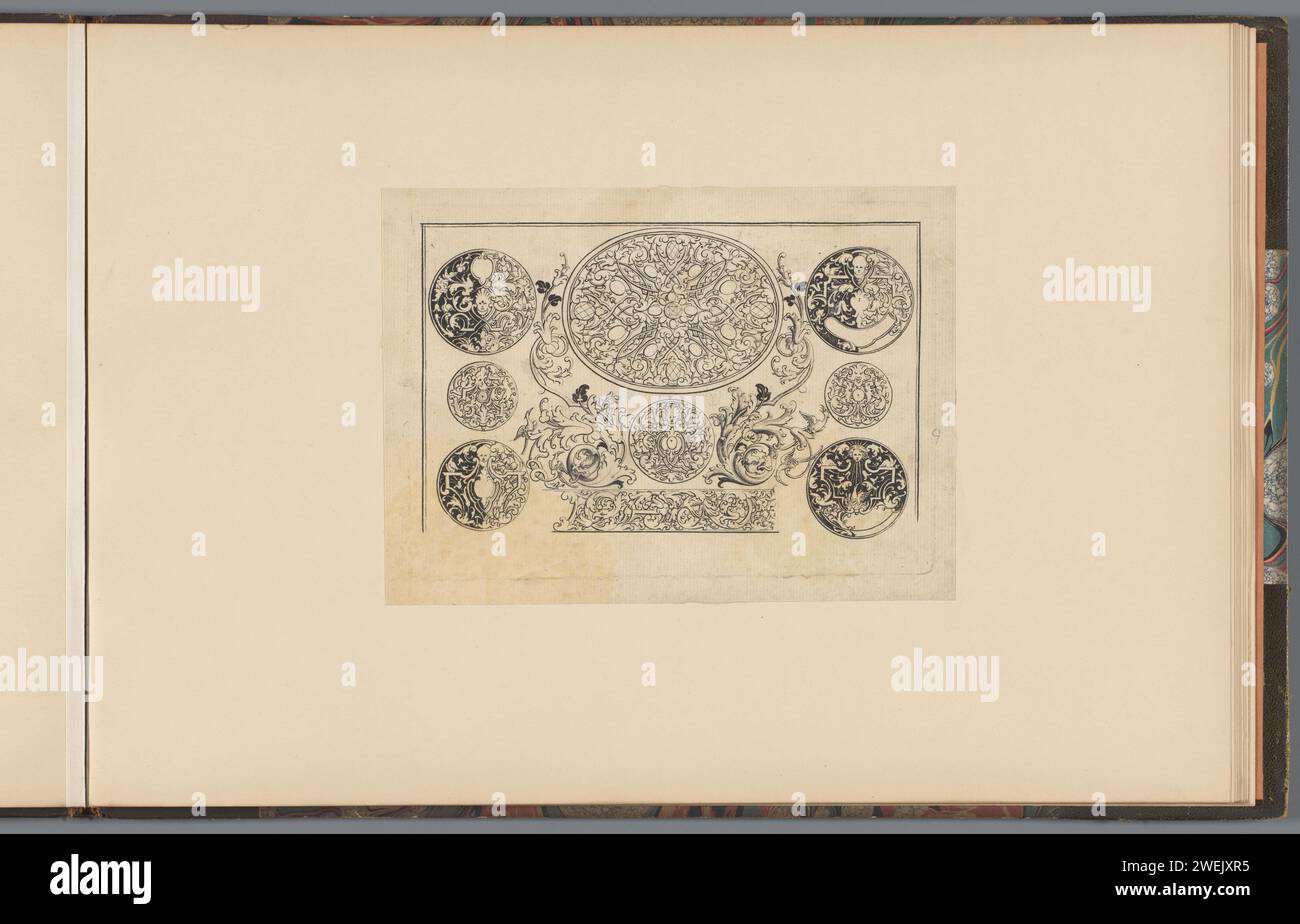 Seven designs for watch cabinets and a lid of a snuff box, Johann Lorenz Hönnig, 1707 print ...