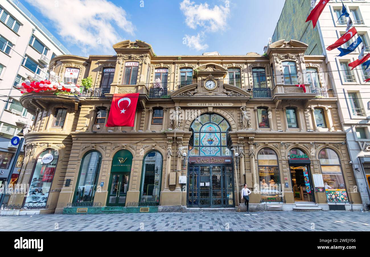 Istanbul, Turkey - May 13, 2023: Cicek Pasaji, or Cite de Pera, a historic passage, built during the late Ottoman era in 1876 by Hristaki Zografos Efendi and designed by the architect Cleanthy Zanno Stock Photo