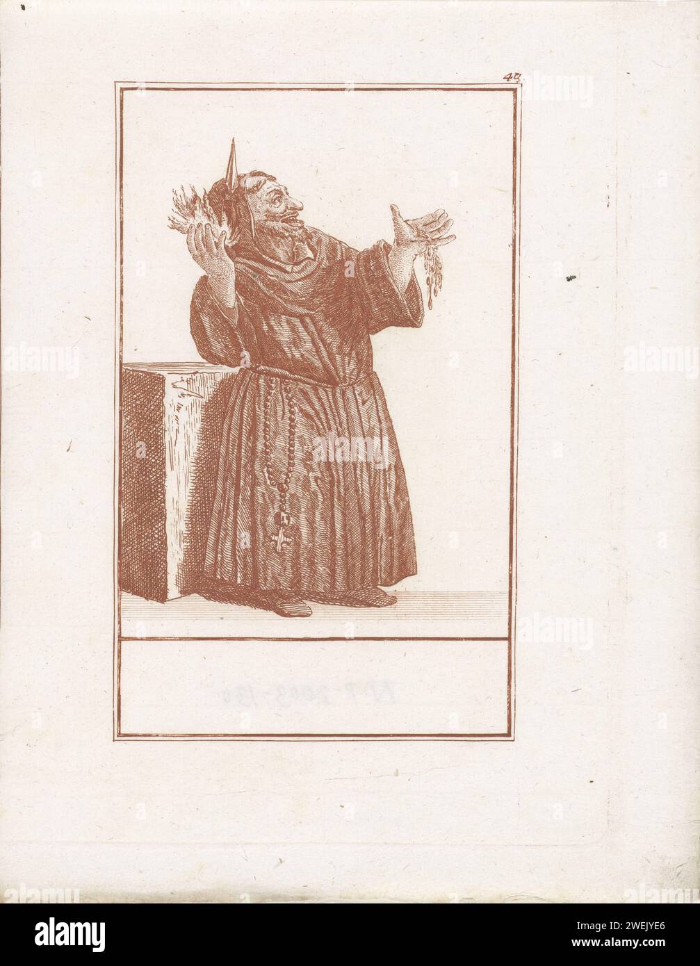 Monnik with fire in one hand in the other., Jacob Gole (attributed to), after Cornelis Dusart, 1724 print A monk standing in front of a block. He holds both hands with the palms up. Water flows from his left hand in his right hand. The print is part of a 50-part series on the subject of the abuses of the Catholic clergy.  paper etching monk(s), friar(s). (aspects of) Christian Religion or the Church (as institution) ridiculed, criticized, or caricaturized. fire (one of the four elements). water (one of the four elements) Stock Photo
