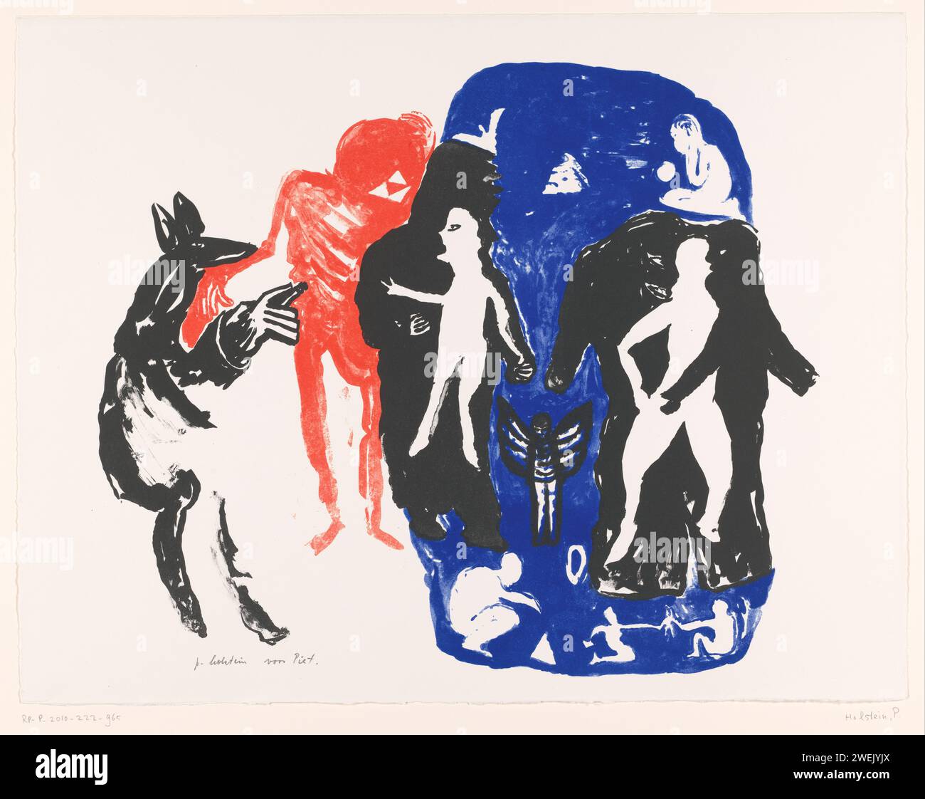 Wolf en mensen, Pieter Holstein, in or after 1957 - in or before 2009 print On the left a wolf and on the right a number of people who are set up with black and some who are defined by a recess (white) within the circumference of the dark figures.  paper Stock Photo