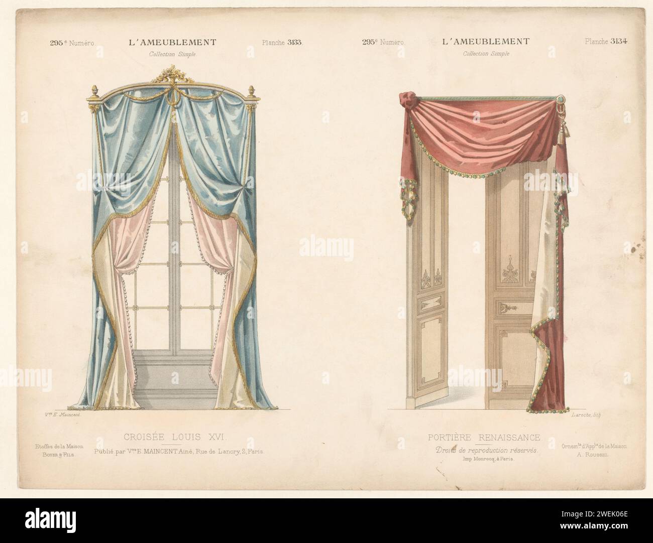 Window and door with curtains, Léon Laroche, 1895 print A window and door with draped curtains, in the styles of Louis XVI and the Renaissance. Print from 295th Livraison.  paper  window. door. hangings and drapery Stock Photo