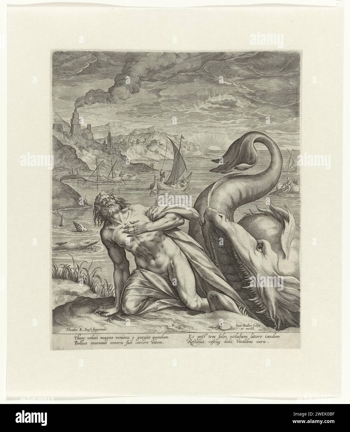 Jonah spit out by whale, Johann Sadeler (I), After Dirck Barendsz., C. 1582 - Before 1600 print Jonah is spit out by whale and crawls ashore. Fishing boats in the background. Numbered in the middle: 2.  paper engraving Jonah is swallowed by a great fish, (sea)monster, whale, dolphin, or the like Stock Photo