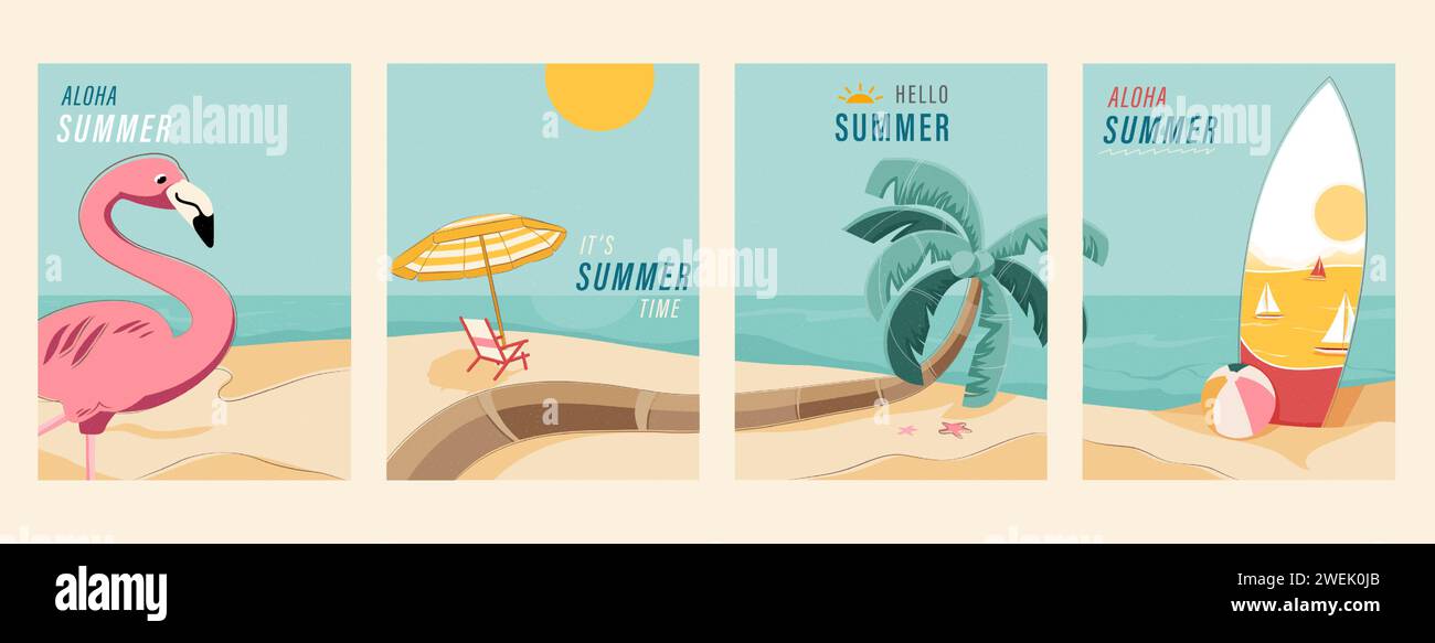 Colorful summer beach vector background poster design collection set of four Stock Vector