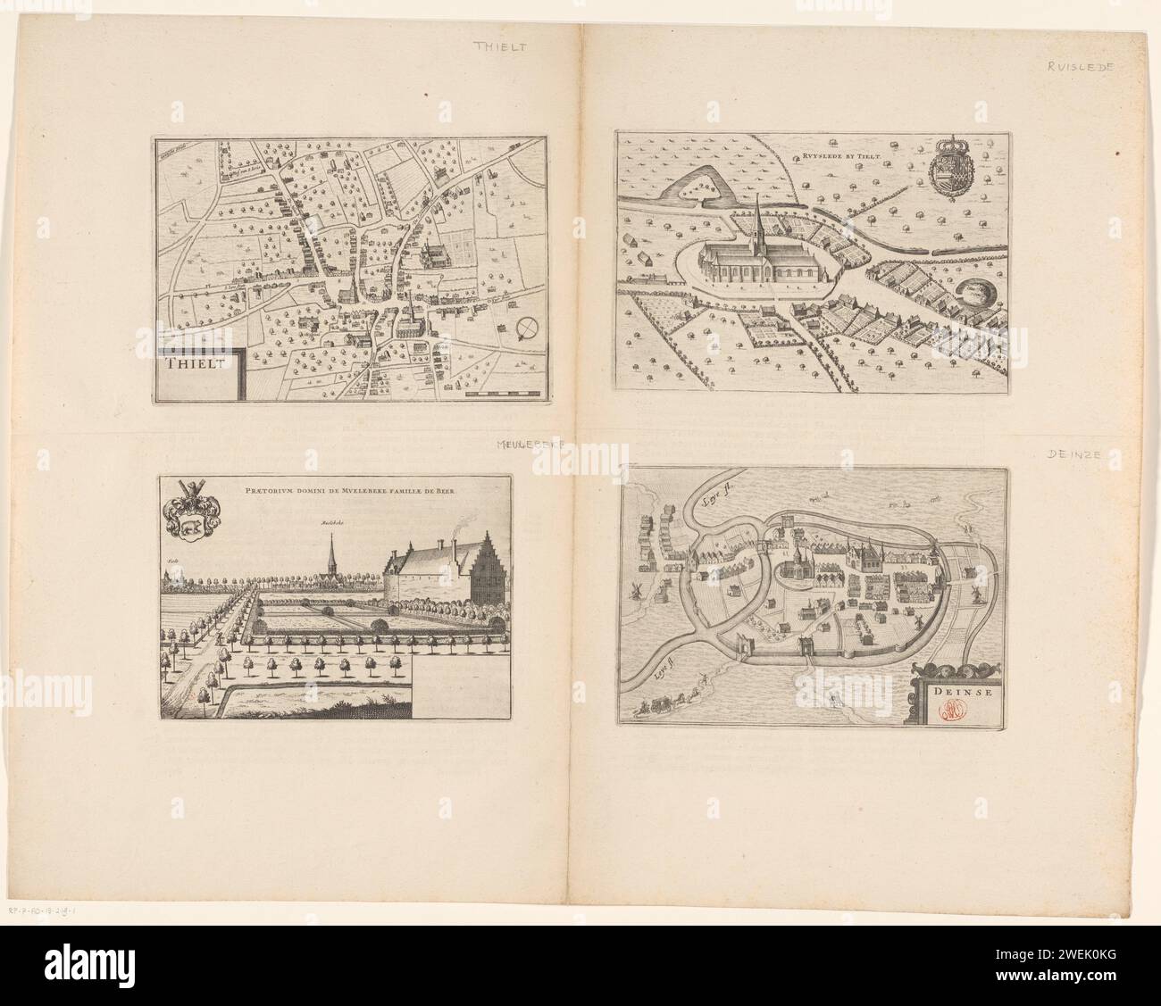 View of Ruiselede, Deinze and Meulebeke and a map of Tielt, Anonymous, 1652 print At the top left a map of Tielt with buildings in a nutshell perspective. Bottom left the title cartouche and bottom right a bowl without a scale. At the top right a face on Ruiselede in a nutshell perspective. At the top right the weapon of the king of Spain. At the bottom right a face on Deinze in a nutshell perspective. At the bottom right the title cartouche. Bottom left a face on the castle of Ter Borcht with Meulebeke behind it. At the top left the weapon of Meulebeke, also the coat of arms of the De Beer fa Stock Photo