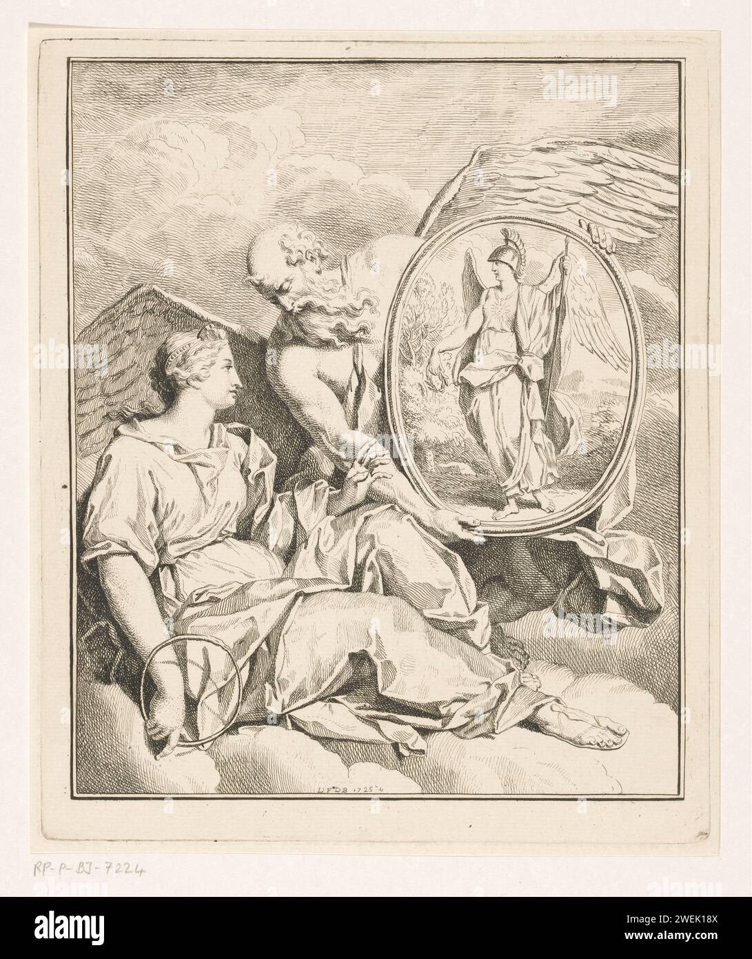 Allegorical representation with father Time that shows the personification of eternity a plaque of Minerva, Louis Fabritius Dubourg, 1725 print   paper etching (story of) Minerva (Pallas, Athena). Father Time, man with wings and scythe. serpent Ouroboros. Eternity, 'Aeternitas'; 'EternitÃ ','EternitÃ o PerpetuitÃ ' (Ripa) Stock Photo
