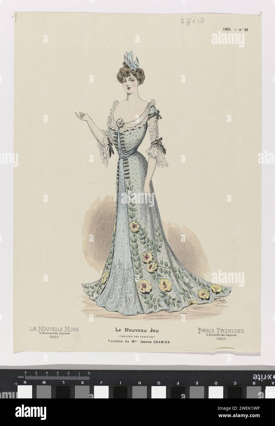 The new fashion, the new game, Paris Fashion, 1900, No. 46: toilet of Mme  Jeanne Granier, 1900 Jeanne Granier dress. The dotted dress has a low round  neck, half-length sleeves and a