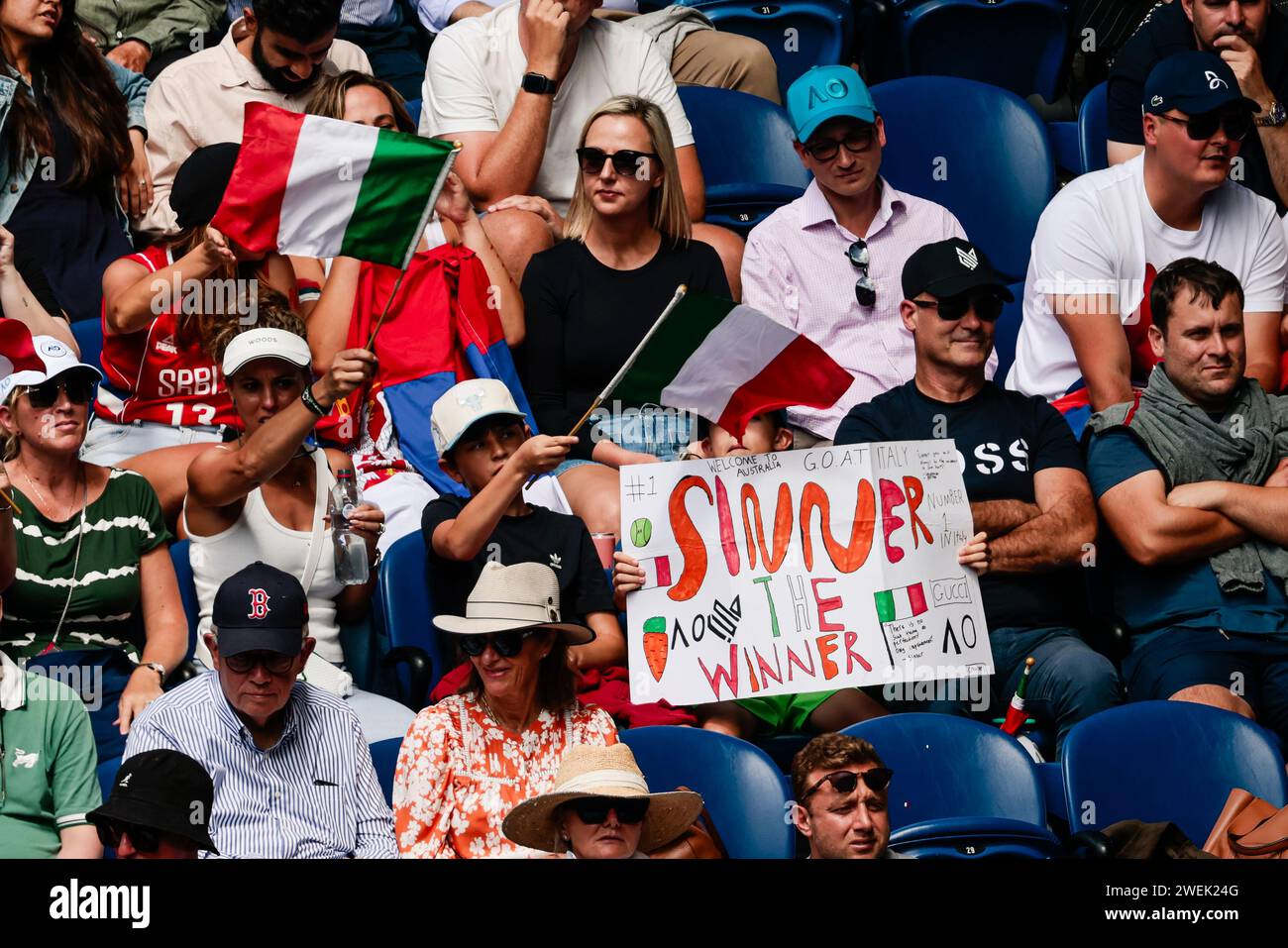 Melbourne, Australia, 26th Jan, 2024. Fans of tennis player Jannick Sinner from Italy during the 2024 Australian Open Tennis Grand Slam in Melbourne Park. Photo credit: Frank Molter/Alamy Live news Stock Photo