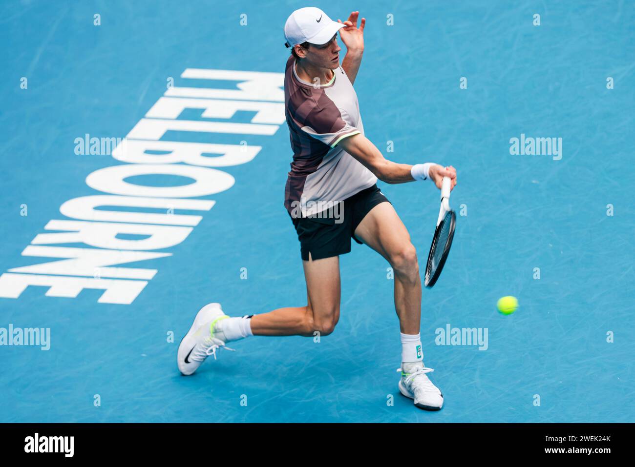 Melbourne, Australia, 26th Jan, 2024. Tennis player Jannick Sinner from Italy is in action during the 2024 Australian Open Tennis Grand Slam in Melbourne Park. Photo credit: Frank Molter/Alamy Live news Stock Photo